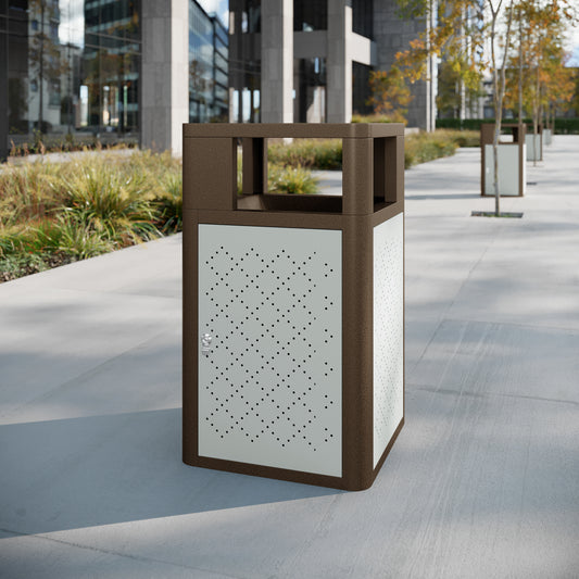 Brooks 31.4 Gallon Indoor-Outdoor Steel Trash Can with Locking Access Door and Removable Inner Fiberglass Bin, Brown/Silver Brown