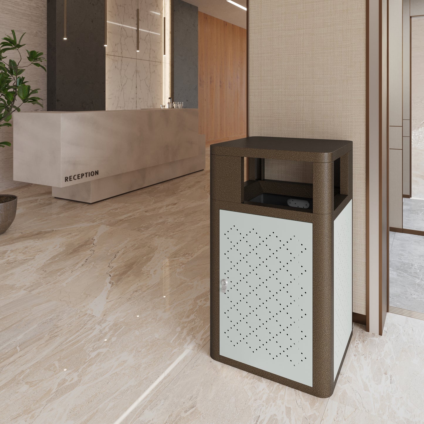 Brooks 31.4 Gallon Indoor-Outdoor Steel Trash Can with Locking Access Door and Removable Inner Fiberglass Bin, Brown/Silver Brown