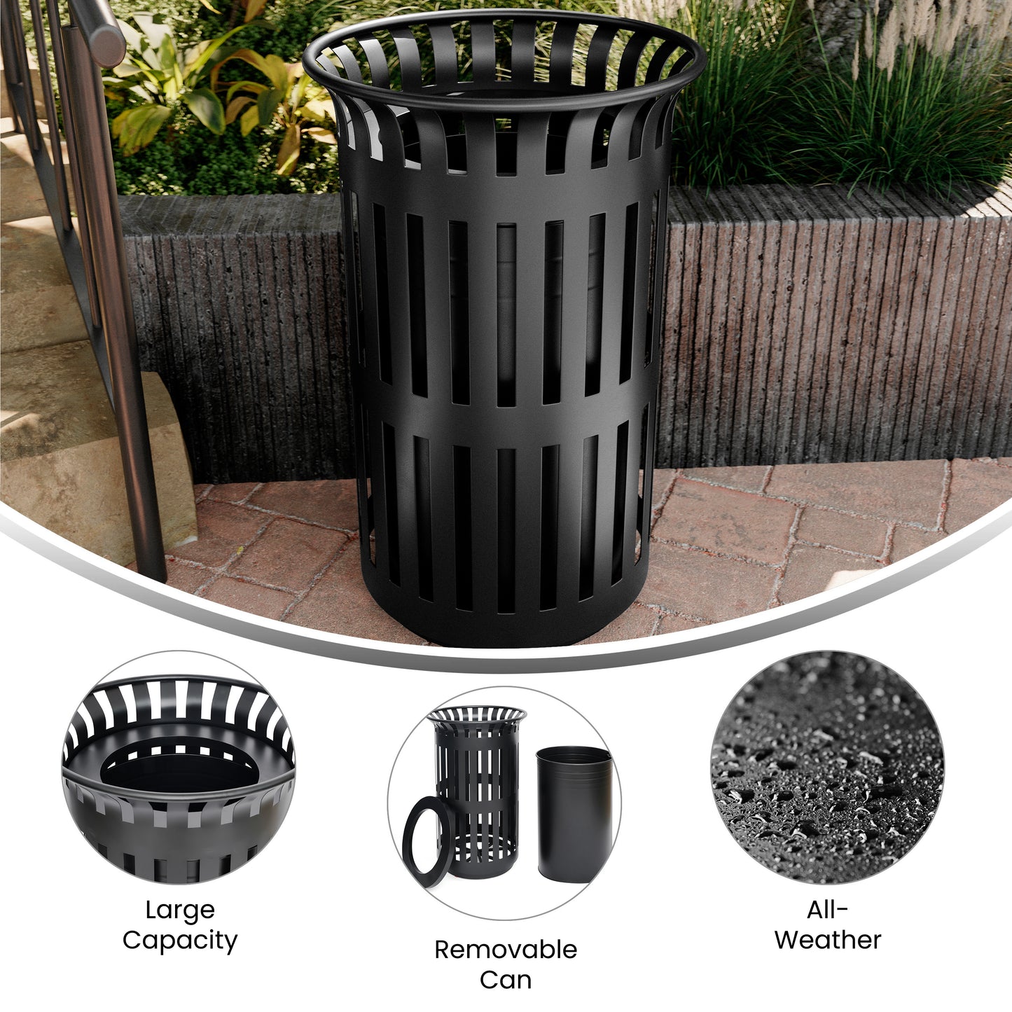 Collins Commercial Grade Black Outdoor Round Slatted Steel 37 Gallon Trash Can with Removable Inner Bin Black