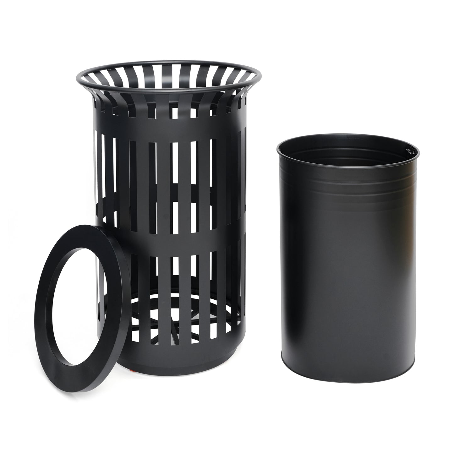 Collins Commercial Grade Black Outdoor Round Slatted Steel 37 Gallon Trash Can with Removable Inner Bin Black