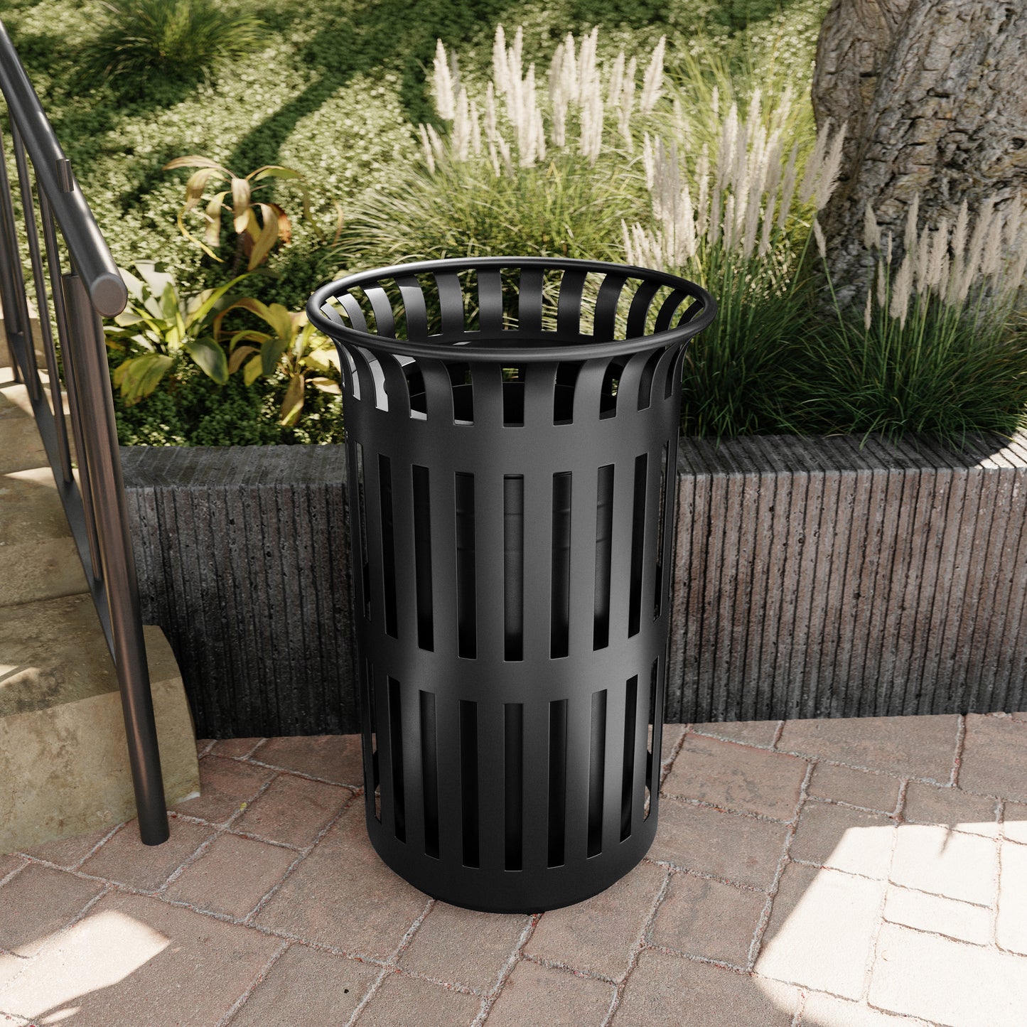 Collins Commercial Grade Black Outdoor Round Slatted Steel 37 Gallon Trash Can with Removable Inner Bin Black
