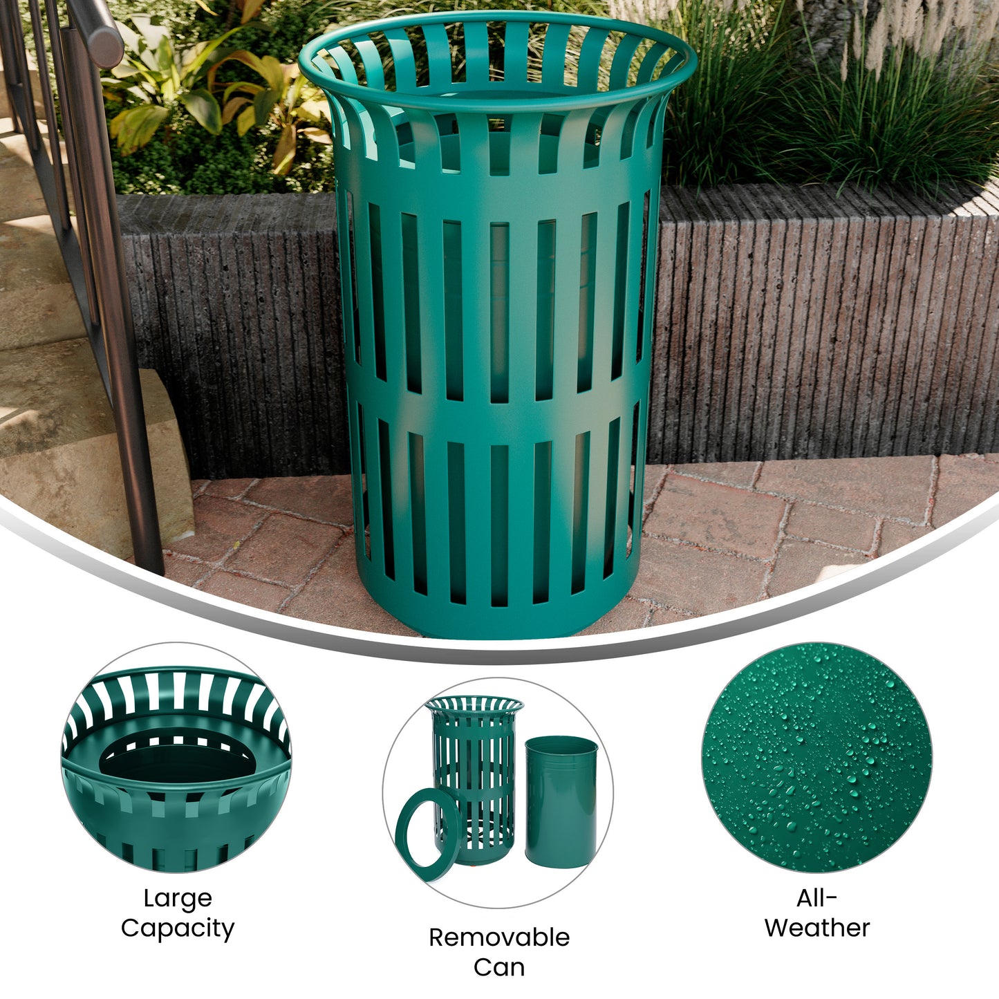 Collins Commercial Grade Green Outdoor Round Slatted Steel 37 Gallon Trash Can with Removable Inner Bin Green