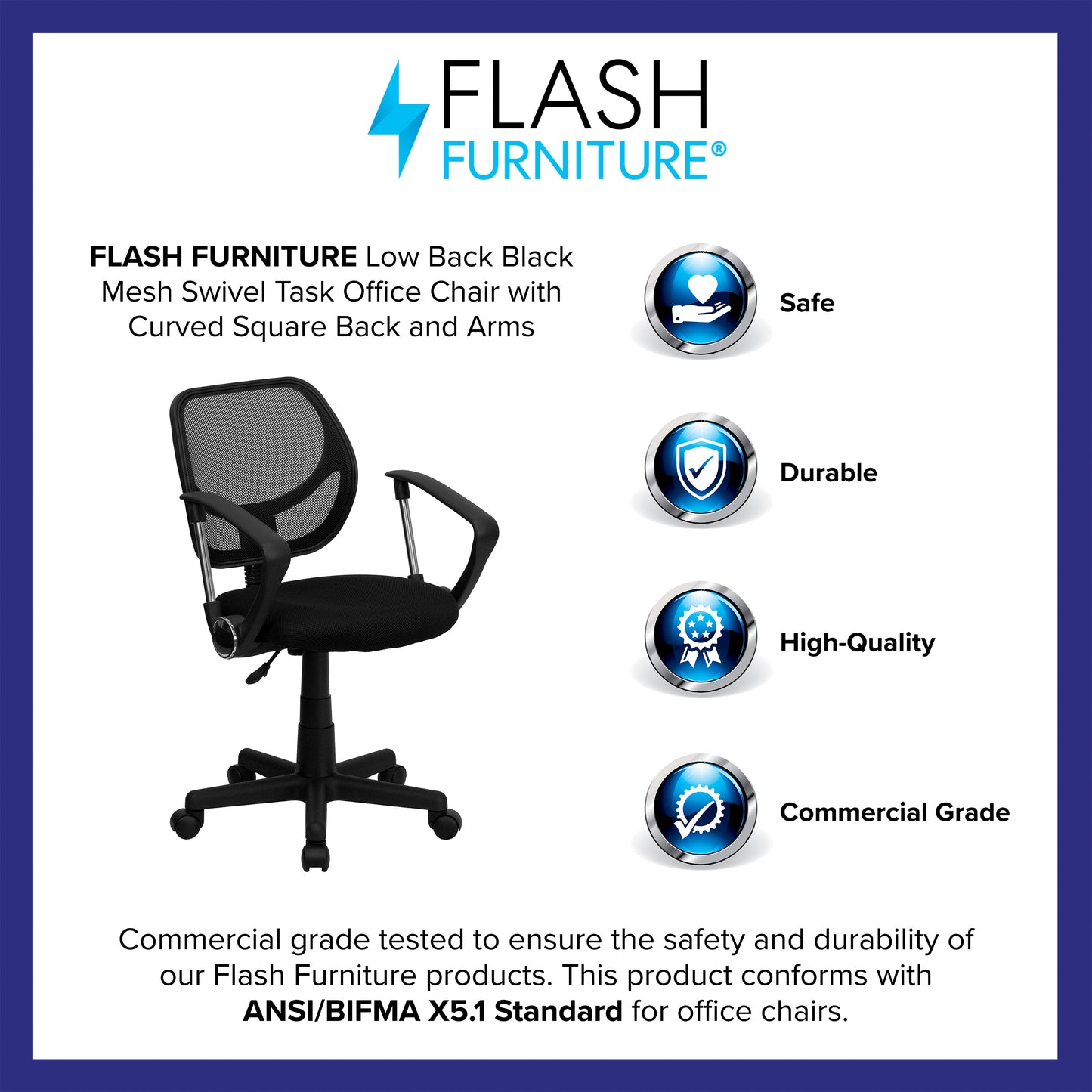 Neri Low Back Black Mesh Swivel Task Office Chair with Curved Square Back and Arms Black