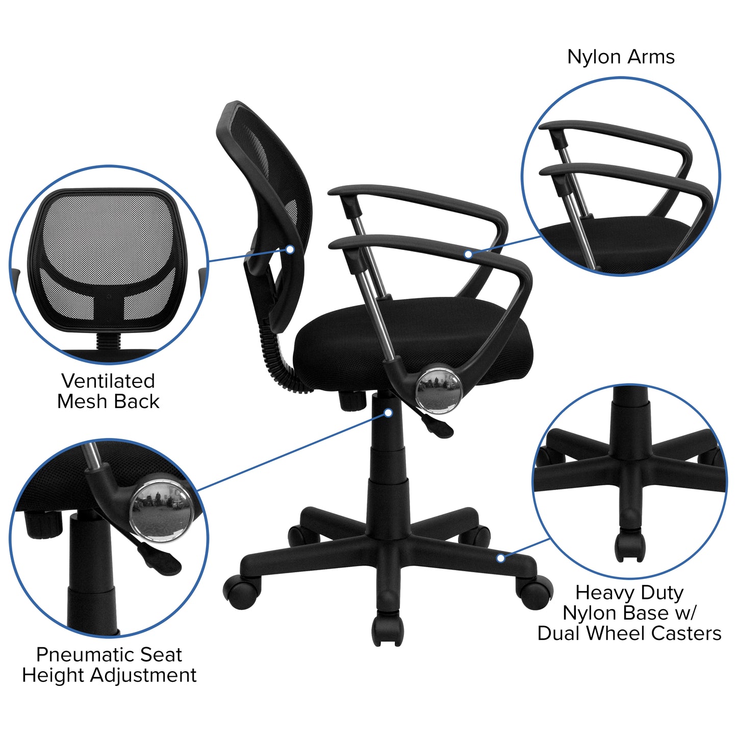 Neri Low Back Black Mesh Swivel Task Office Chair with Curved Square Back and Arms Black