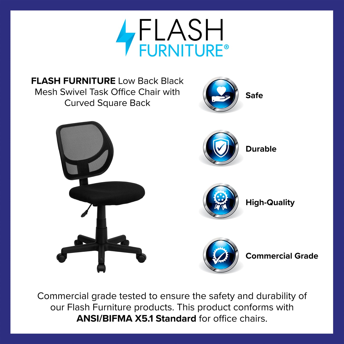 Neri Low Back Black Mesh Swivel Task Office Chair with Curved Square Back Black