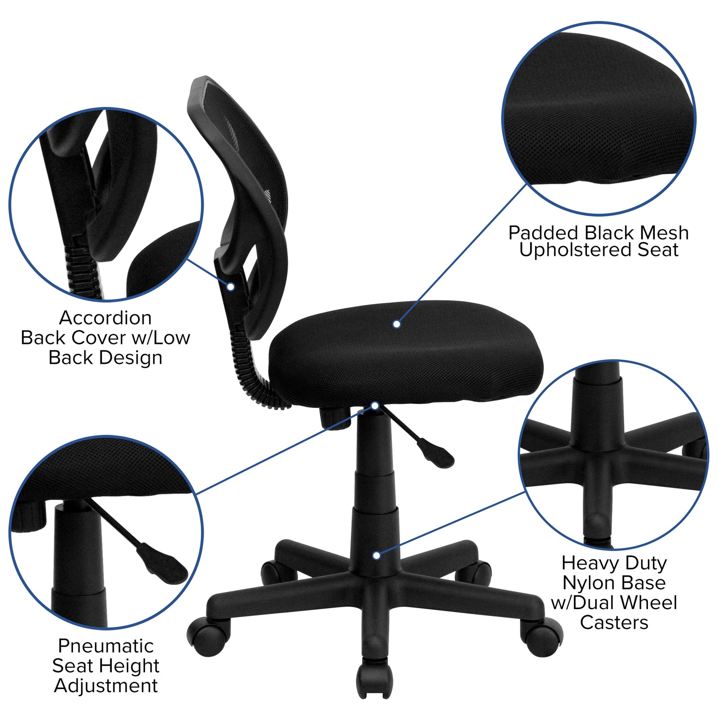 Neri Low Back Black Mesh Swivel Task Office Chair with Curved Square Back Black