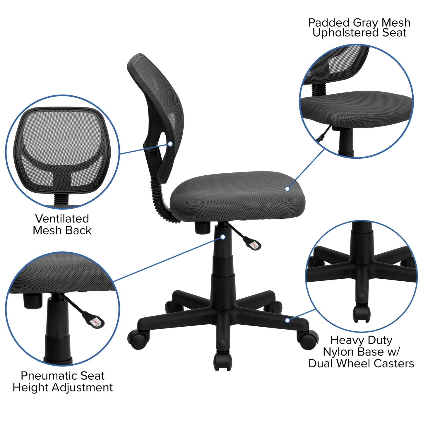 Neri Low Back Gray Mesh Swivel Task Office Chair with Curved Square Back Gray
