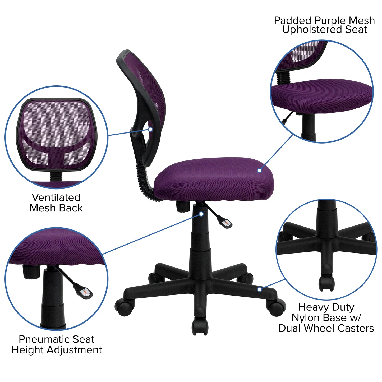 Neri Low Back Purple Mesh Swivel Task Office Chair Purple WA-3074-PUR-GG