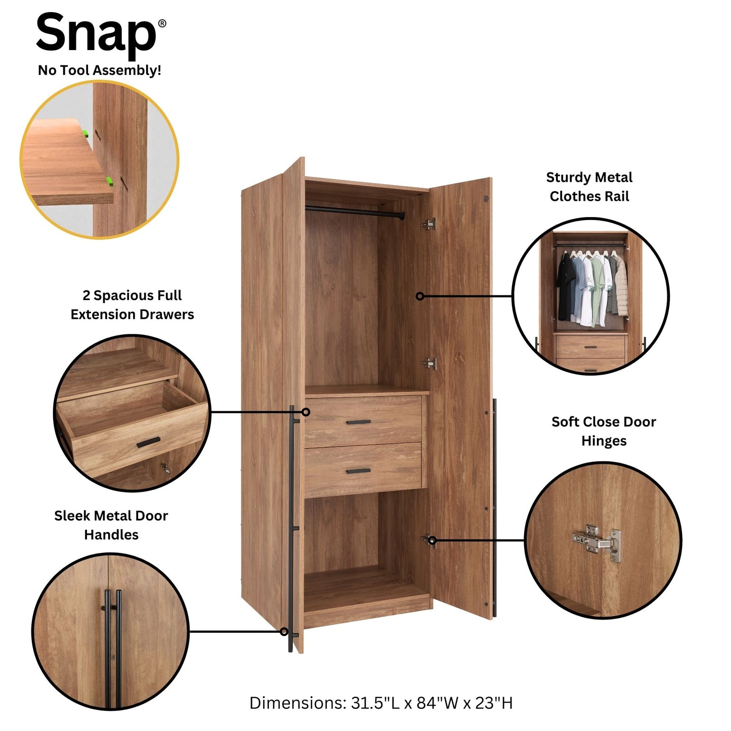 Manhattan Comfort Lee Modern Freestanding Wardrobe Closet 2.0 with 1 Hanging Rod, 1 Shelf, and 2 Drawers in Golden Brown WC002-GB