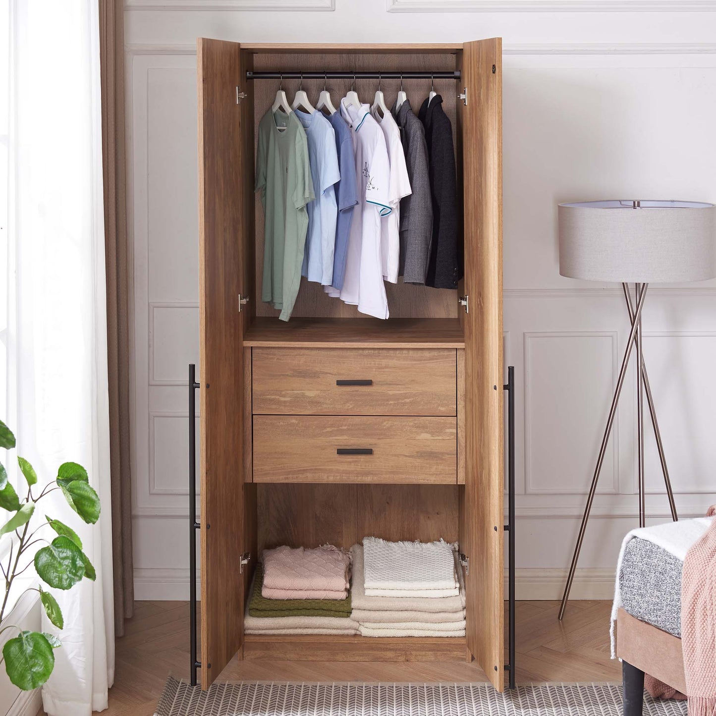 Manhattan Comfort Lee Modern Freestanding Wardrobe Closet 2.0 with 1 Hanging Rod, 1 Shelf, and 2 Drawers in Golden Brown WC002-GB