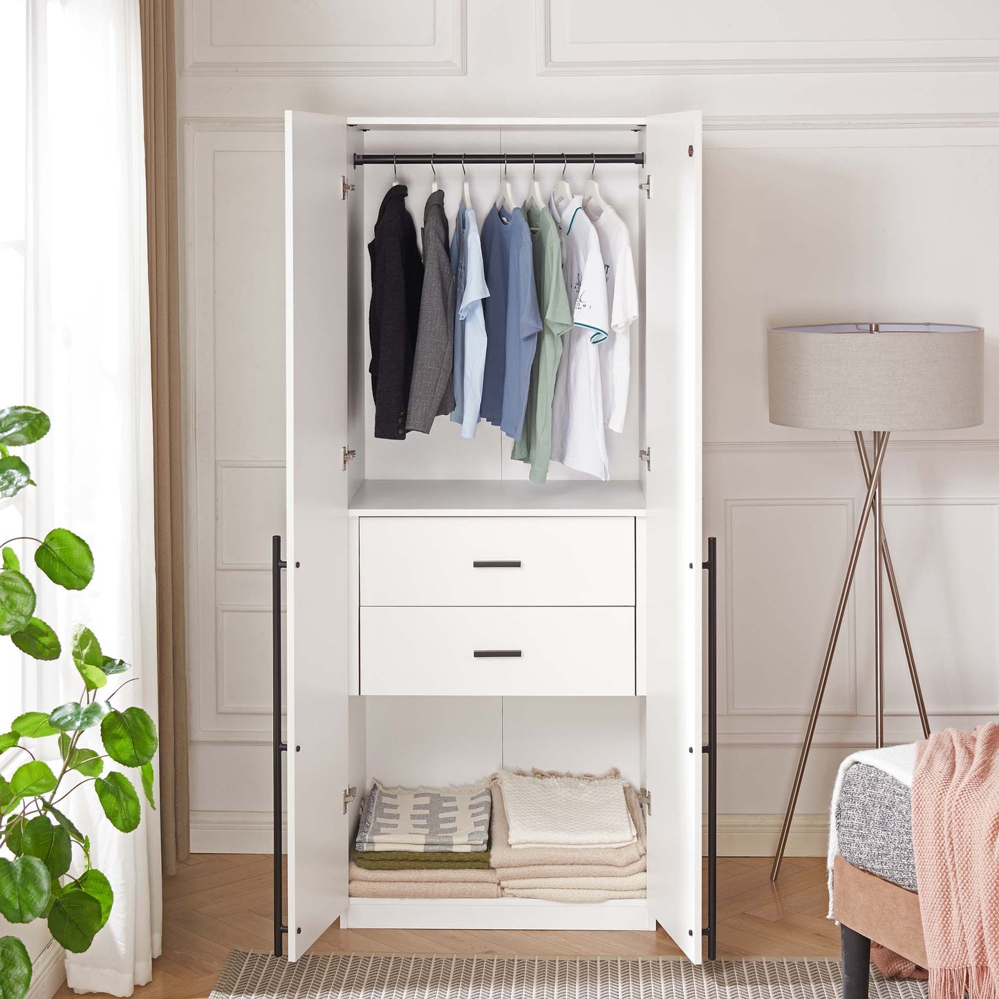 Manhattan Comfort Lee Modern Freestanding Wardrobe Closet 2.0 with 1 Hanging Rod, 1 Shelf, and 2 Drawers in White WC002-WH