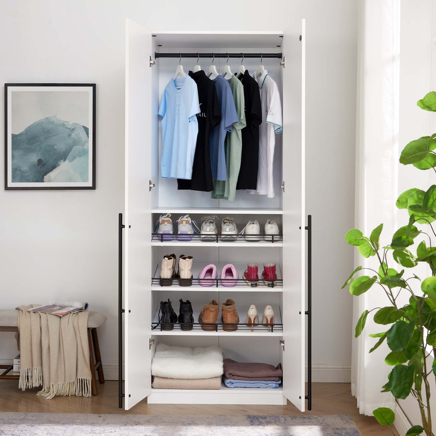 Manhattan Comfort Lee Modern Freestanding Wardrobe Closet 3.0 with 1 Hanging Rod, 3 Shoe Shelves, and 1 Basic Shelf in White WC003-WH