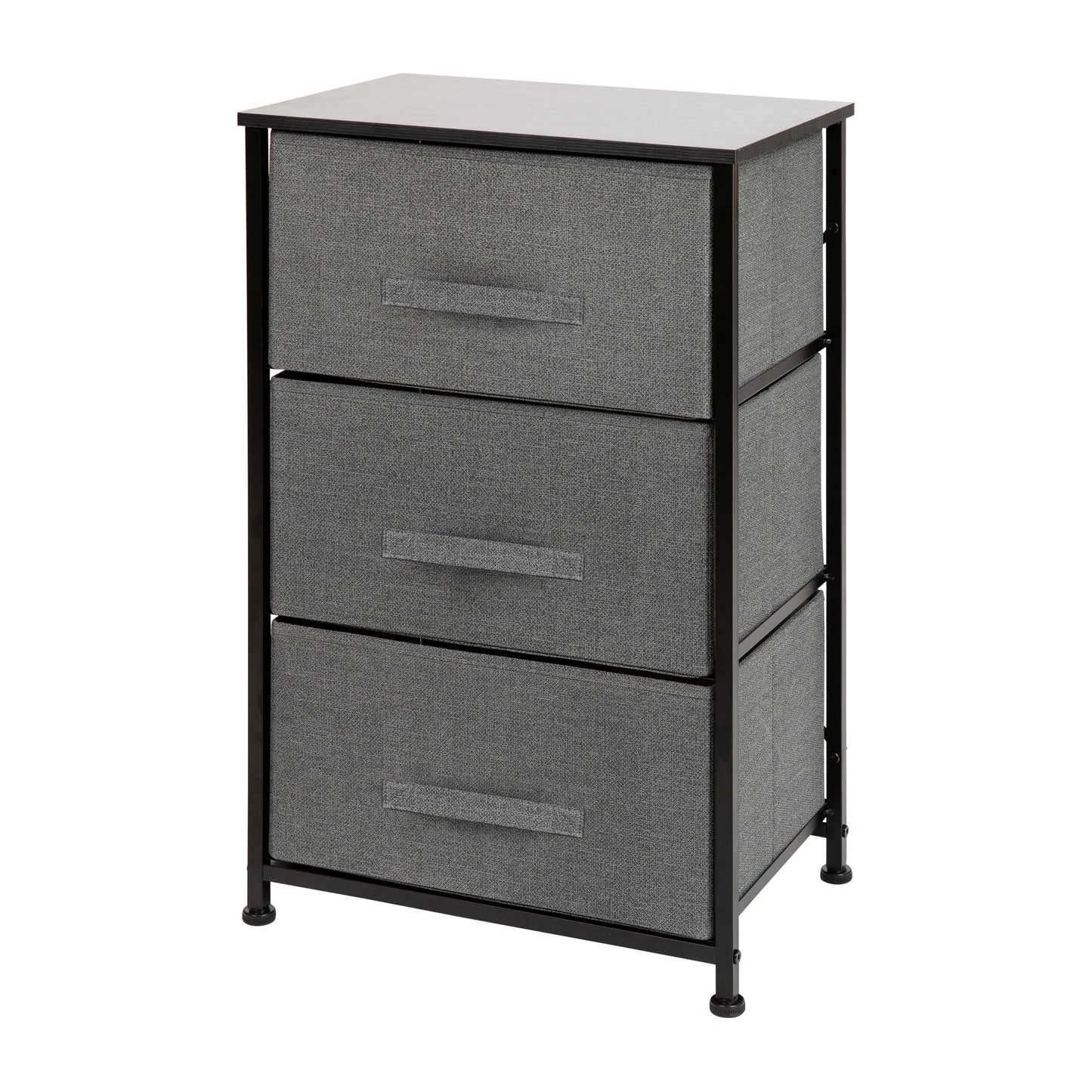Harris 3 Drawer Wood Top Black Cast Iron Frame Vertical Storage Dresser with Dark Gray Easy Pull Fabric Drawers Gray Drawers/Black Frame