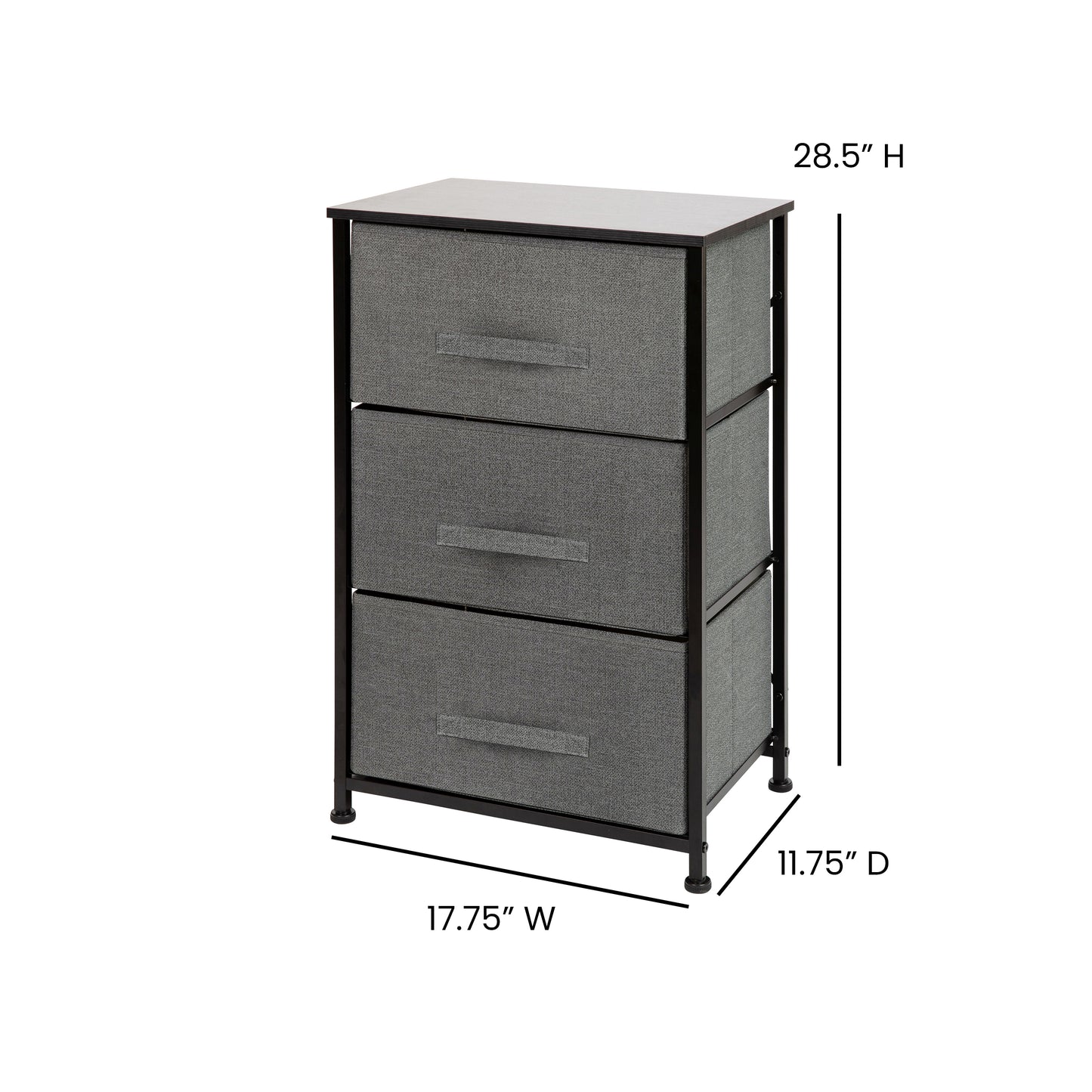 Harris 3 Drawer Wood Top Black Cast Iron Frame Vertical Storage Dresser with Dark Gray Easy Pull Fabric Drawers Gray Drawers/Black Frame
