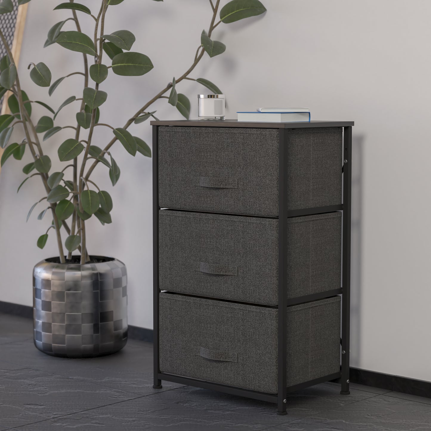 Harris 3 Drawer Wood Top Black Cast Iron Frame Vertical Storage Dresser with Dark Gray Easy Pull Fabric Drawers Gray Drawers/Black Frame