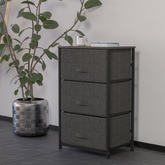 Harris 3 Drawer Wood Top Black Cast Iron Frame Vertical Storage Dresser with Dark Gray Easy Pull Fabric Drawers Gray Drawers/Black Frame