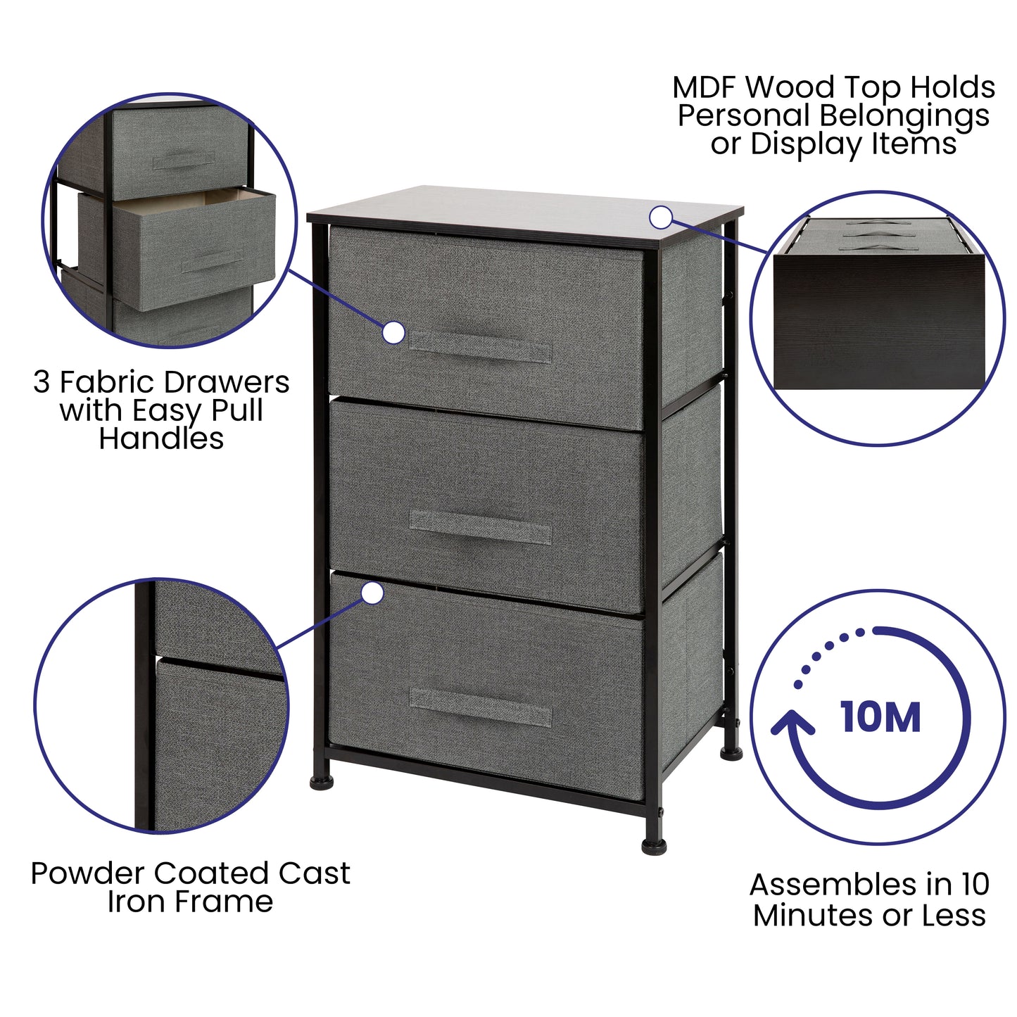 Harris 3 Drawer Wood Top Black Cast Iron Frame Vertical Storage Dresser with Dark Gray Easy Pull Fabric Drawers Gray Drawers/Black Frame