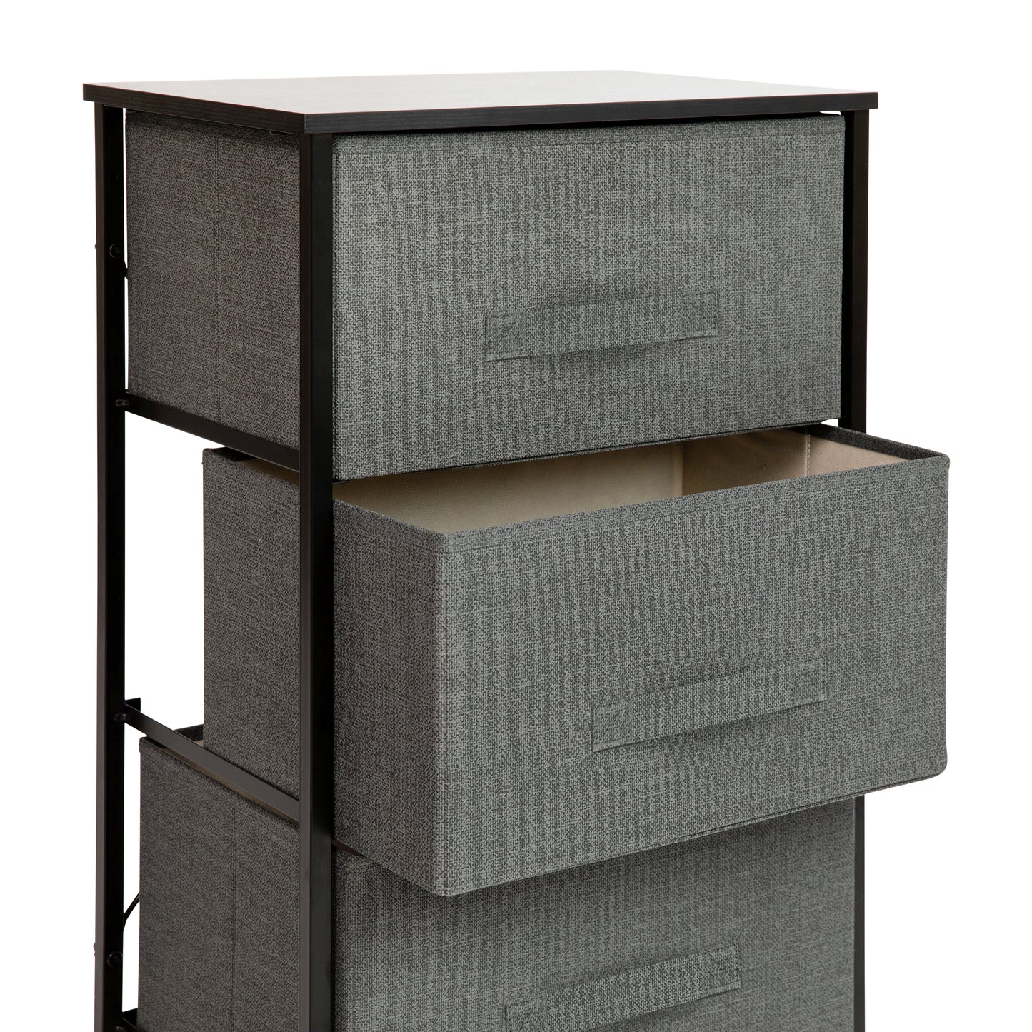 Harris 3 Drawer Wood Top Black Cast Iron Frame Vertical Storage Dresser with Dark Gray Easy Pull Fabric Drawers Gray Drawers/Black Frame