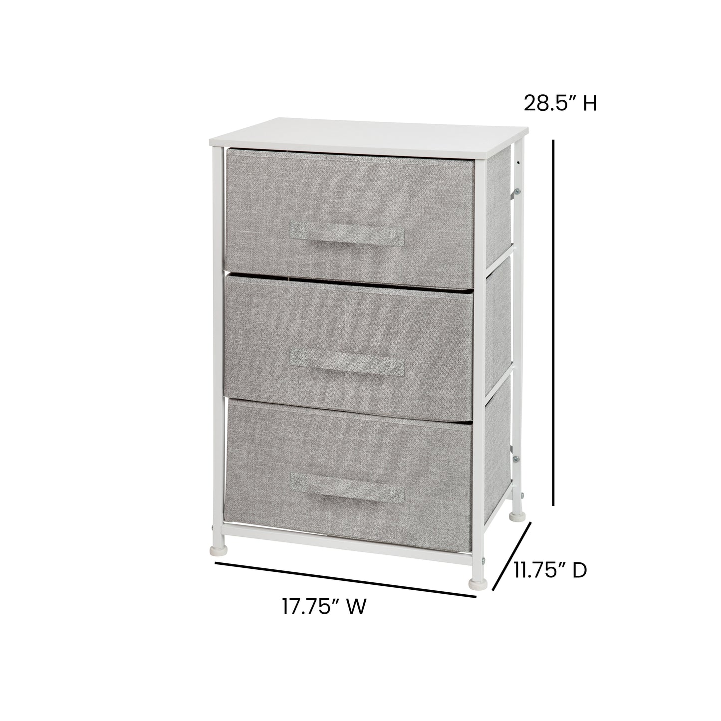 Harris 3 Drawer Wood Top White Cast Iron Frame Vertical Storage Dresser with Light Gray Easy Pull Fabric Drawers Gray Drawers/White Frame