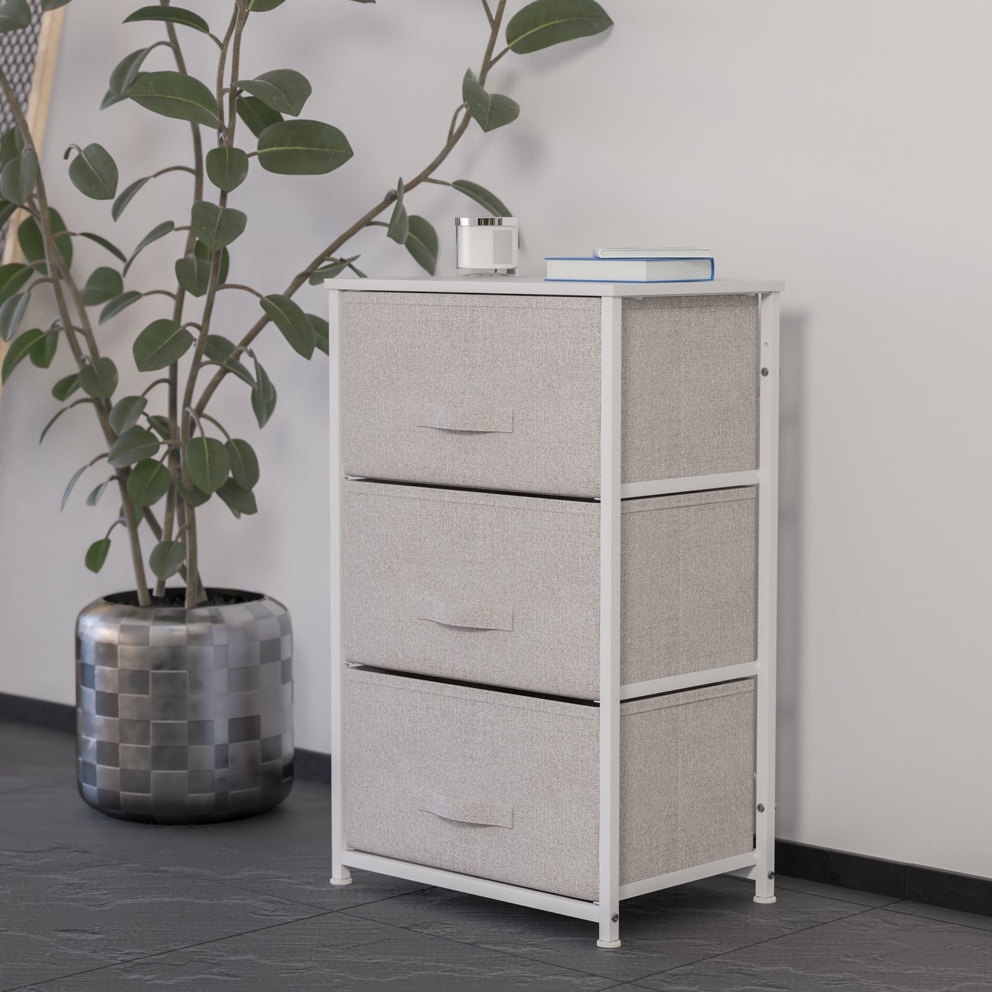 Harris 3 Drawer Wood Top White Cast Iron Frame Vertical Storage Dresser with Light Gray Easy Pull Fabric Drawers Gray Drawers/White Frame