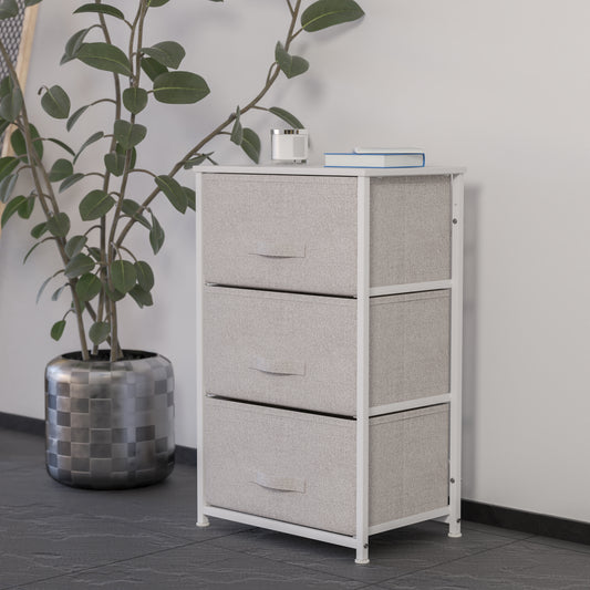 Harris 3 Drawer Wood Top White Cast Iron Frame Vertical Storage Dresser with Light Gray Easy Pull Fabric Drawers Gray Drawers/White Frame