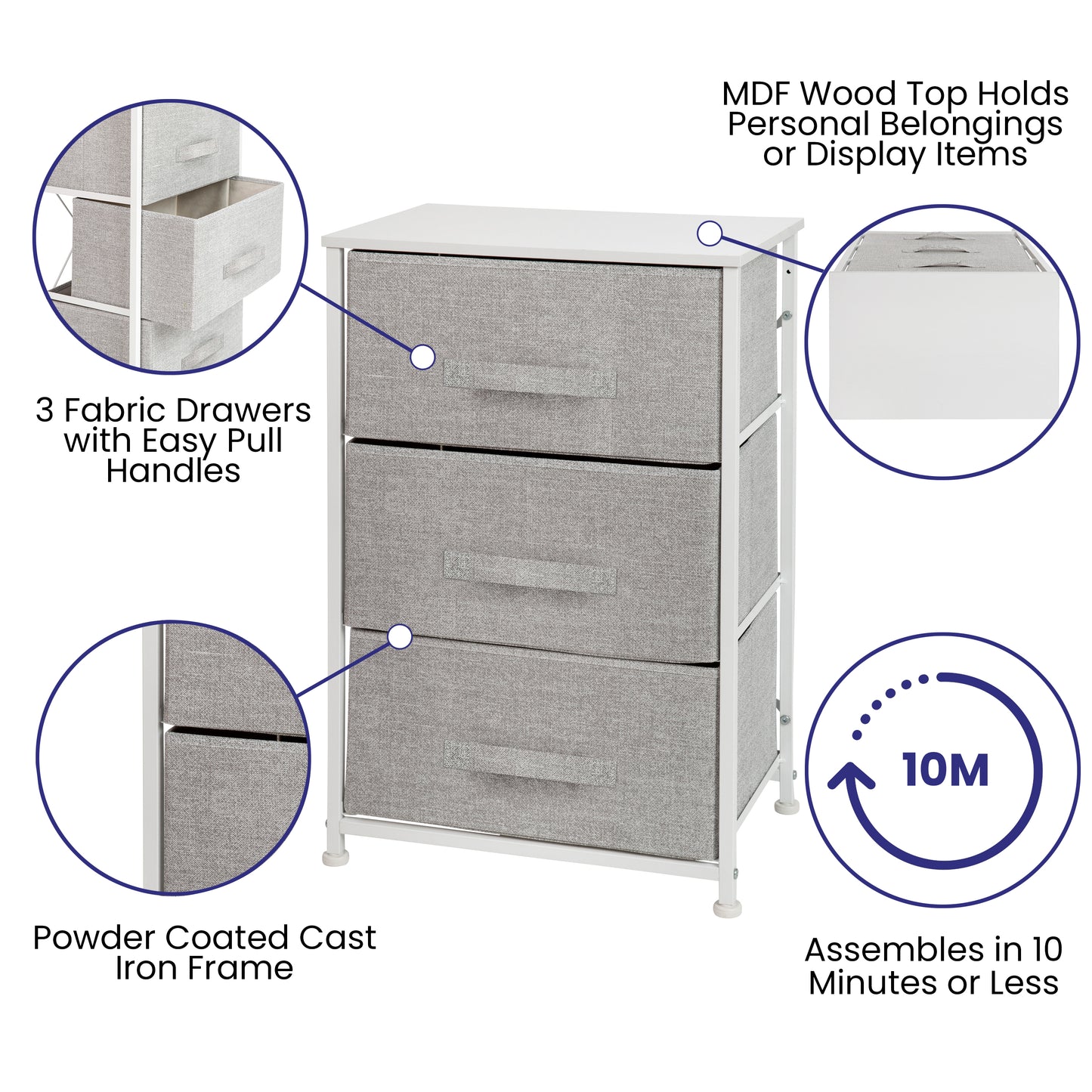 Harris 3 Drawer Wood Top White Cast Iron Frame Vertical Storage Dresser with Light Gray Easy Pull Fabric Drawers Gray Drawers/White Frame