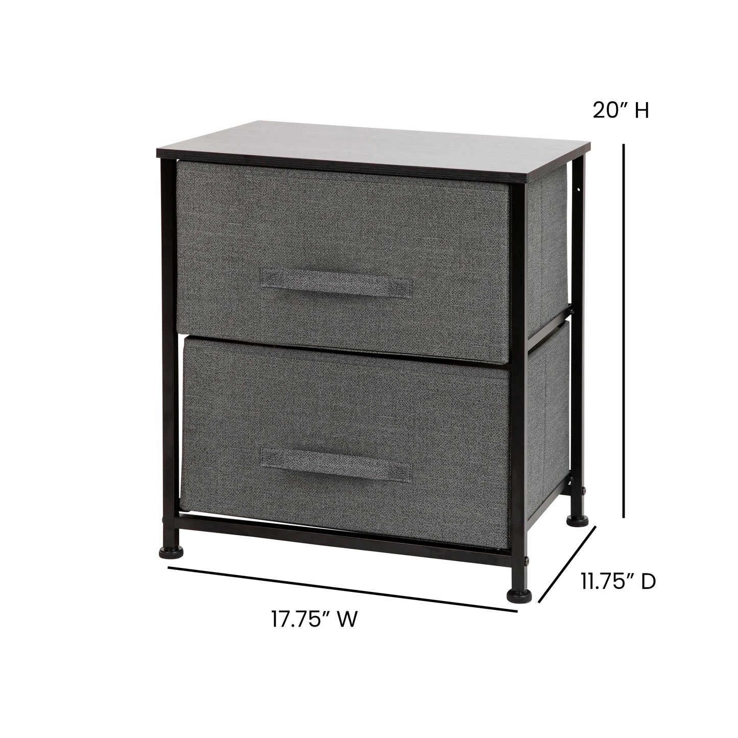 Harris 2 Drawer Wood Top Black Nightstand Storage Organizer with Cast Iron Frame and Dark Gray Easy Pull Fabric Drawers Gray Drawers/Black Frame