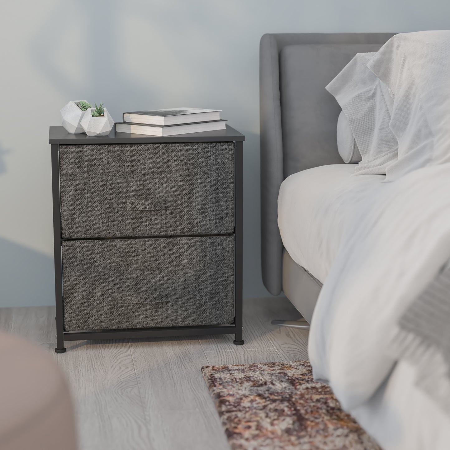 Harris 2 Drawer Wood Top Black Nightstand Storage Organizer with Cast Iron Frame and Dark Gray Easy Pull Fabric Drawers Gray Drawers/Black Frame