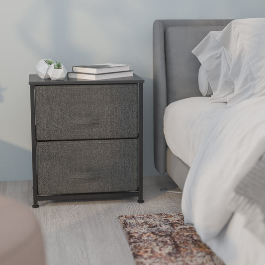 Harris 2 Drawer Wood Top Black Nightstand Storage Organizer with Cast Iron Frame and Dark Gray Easy Pull Fabric Drawers Gray Drawers/Black Frame