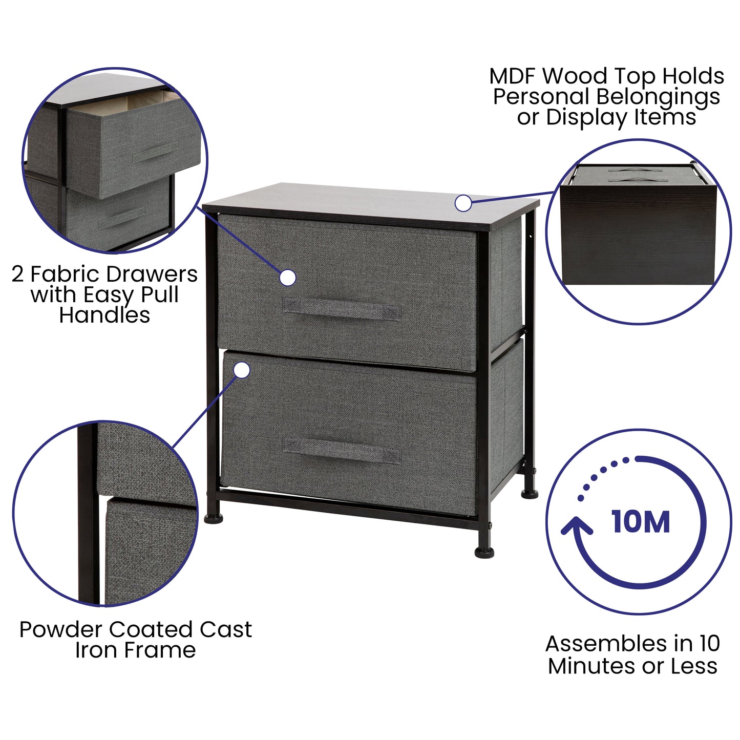 Harris 2 Drawer Wood Top Black Nightstand Storage Organizer with Cast Iron Frame and Dark Gray Easy Pull Fabric Drawers Gray Drawers/Black Frame