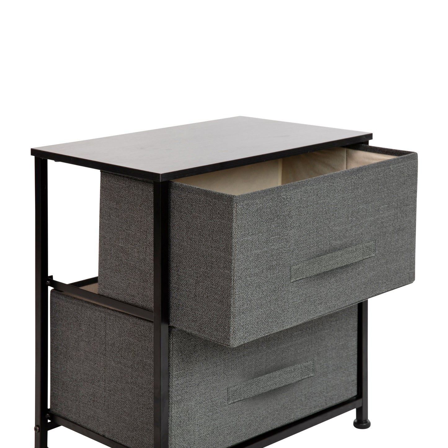 Harris 2 Drawer Wood Top Black Nightstand Storage Organizer with Cast Iron Frame and Dark Gray Easy Pull Fabric Drawers Gray Drawers/Black Frame