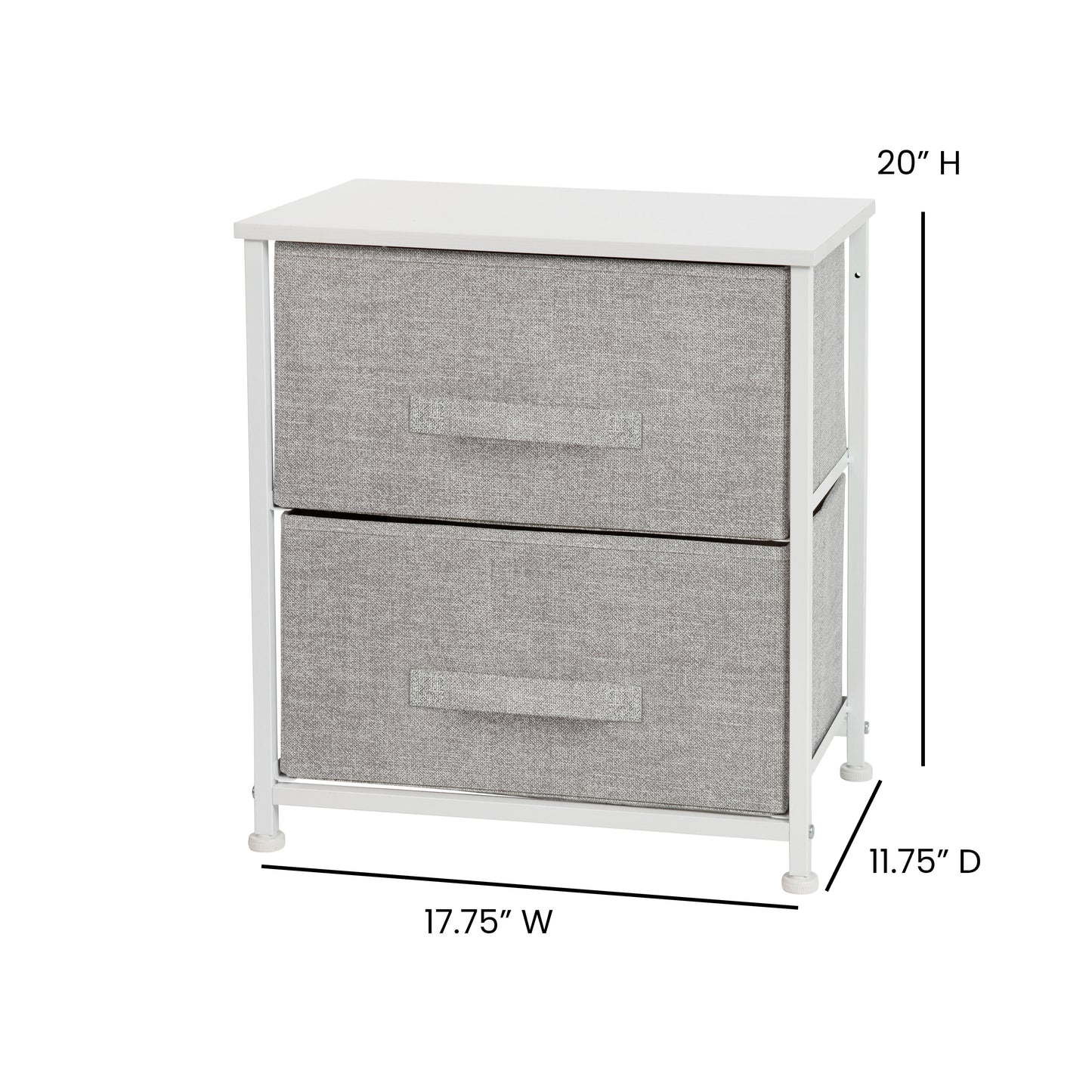 Harris 2 Drawer Wood Top White Nightstand Storage Organizer with Cast Iron Frame and Light Gray Easy Pull Fabric Drawers Gray Drawers/White Frame WX-5L200-WH-GR-GG