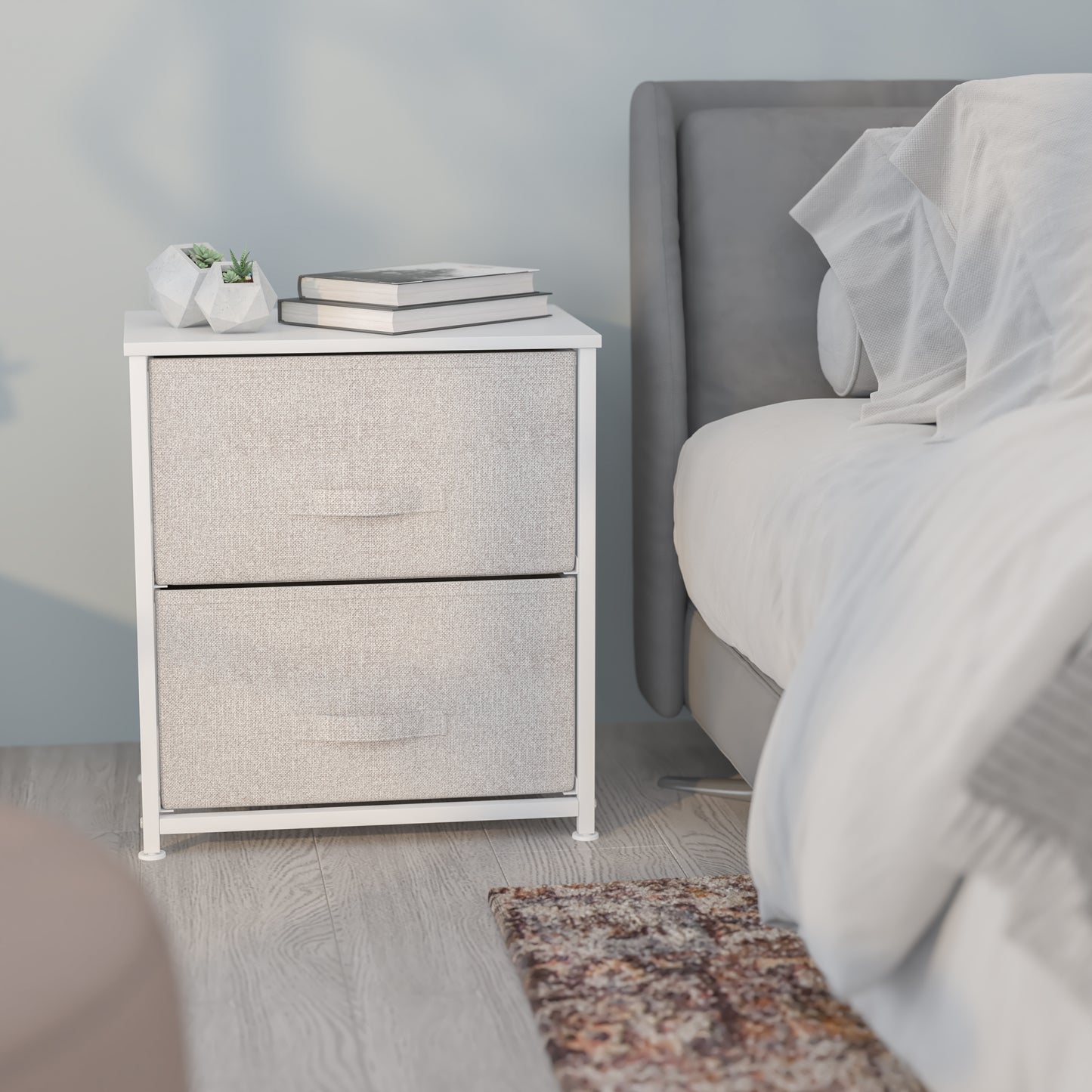 Harris 2 Drawer Wood Top White Nightstand Storage Organizer with Cast Iron Frame and Light Gray Easy Pull Fabric Drawers Gray Drawers/White Frame WX-5L200-WH-GR-GG