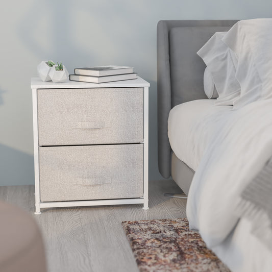 Harris 2 Drawer Wood Top White Nightstand Storage Organizer with Cast Iron Frame and Light Gray Easy Pull Fabric Drawers Gray Drawers/White Frame
