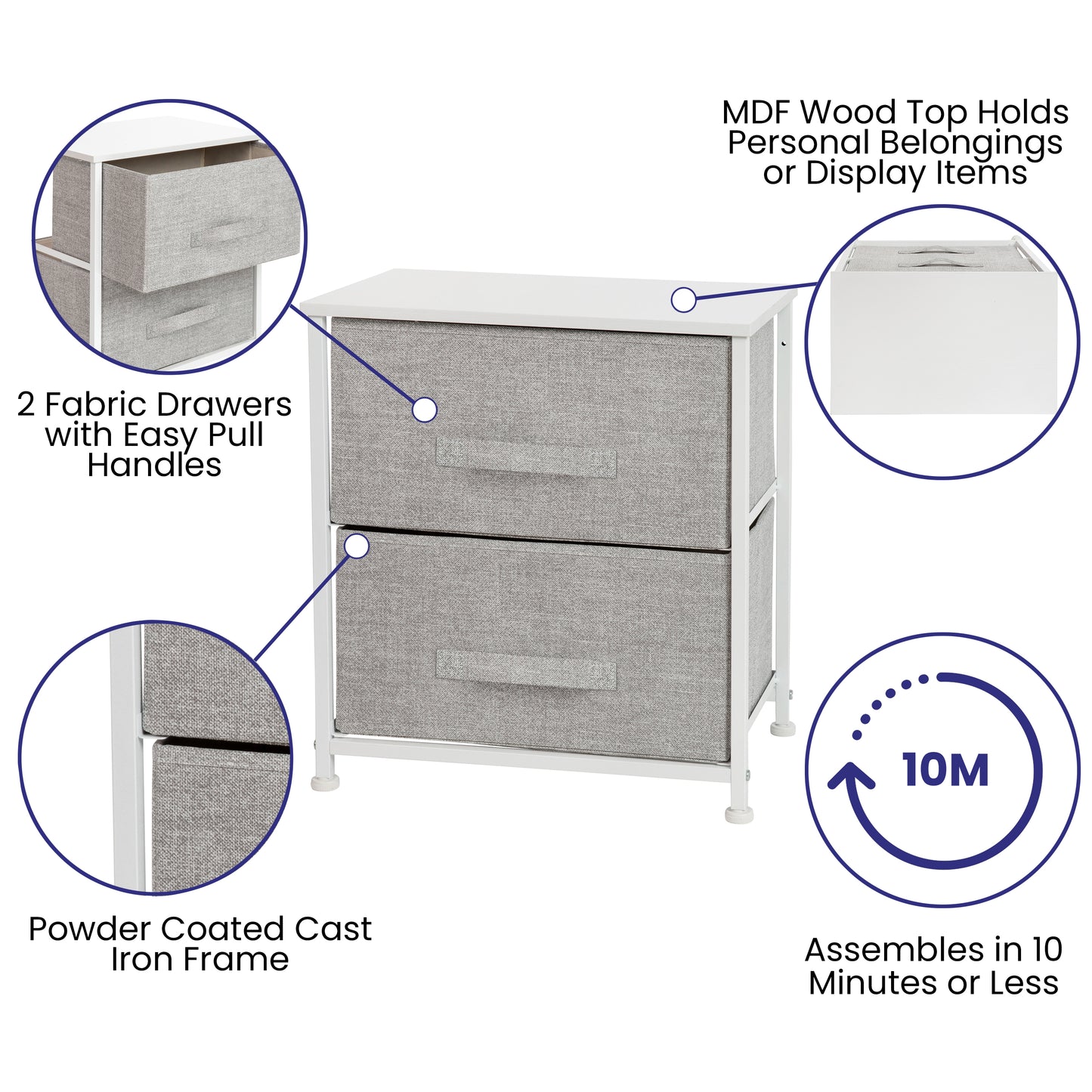 Harris 2 Drawer Wood Top White Nightstand Storage Organizer with Cast Iron Frame and Light Gray Easy Pull Fabric Drawers Gray Drawers/White Frame WX-5L200-WH-GR-GG