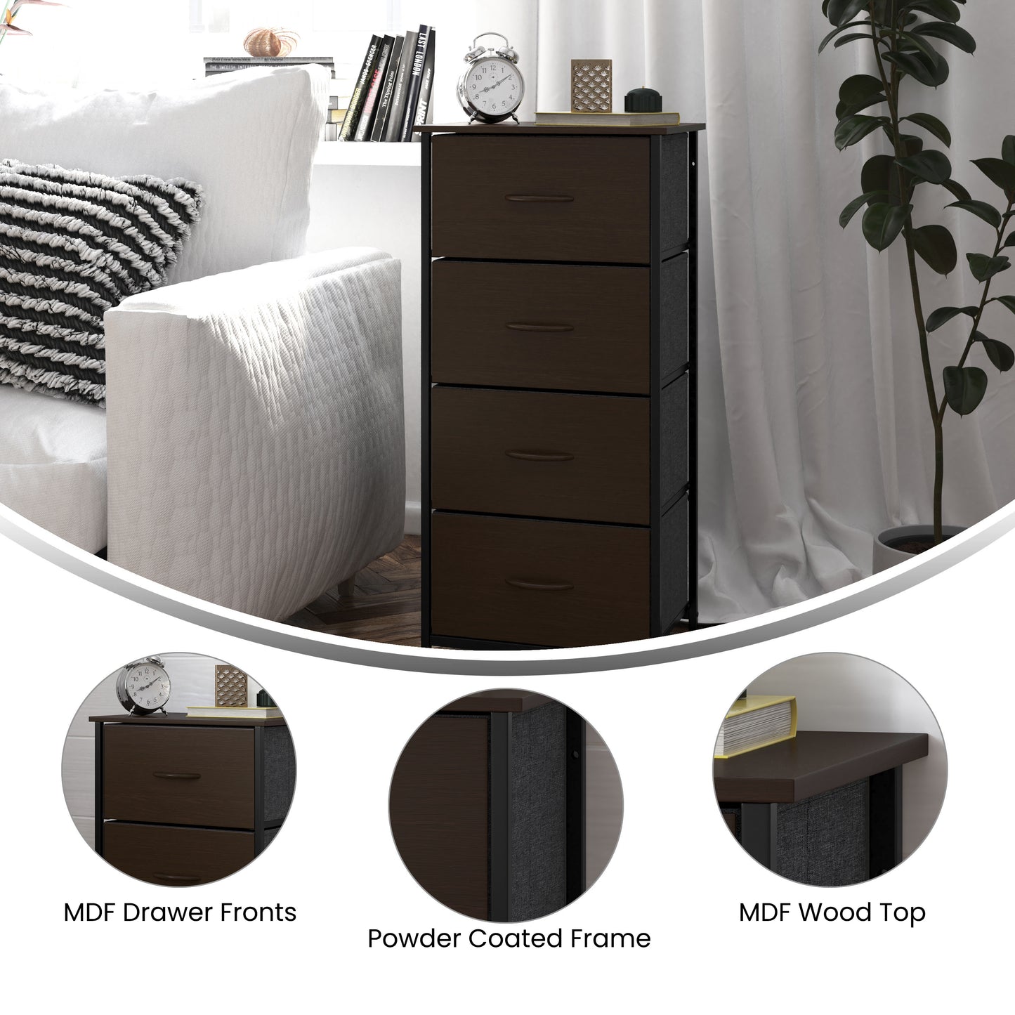 Harris 4 Drawer Storage Dresser with Black Cast Iron Frame, Brown Wood Top and Brown Easy Pull Engineered Wood Drawers with Wooden Handles Brown Drawers/Black Frame