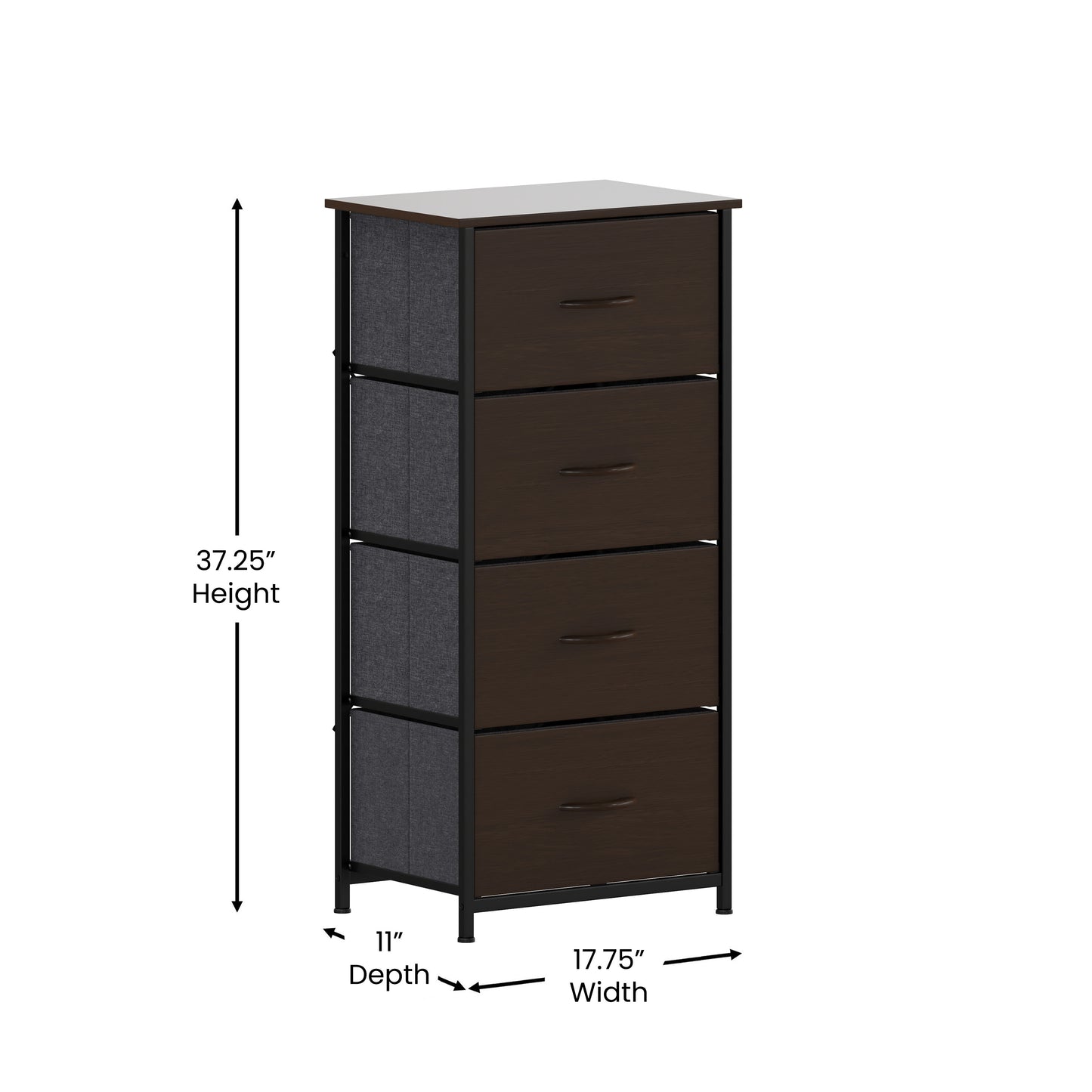 Harris 4 Drawer Storage Dresser with Black Cast Iron Frame, Brown Wood Top and Brown Easy Pull Engineered Wood Drawers with Wooden Handles Brown Drawers/Black Frame