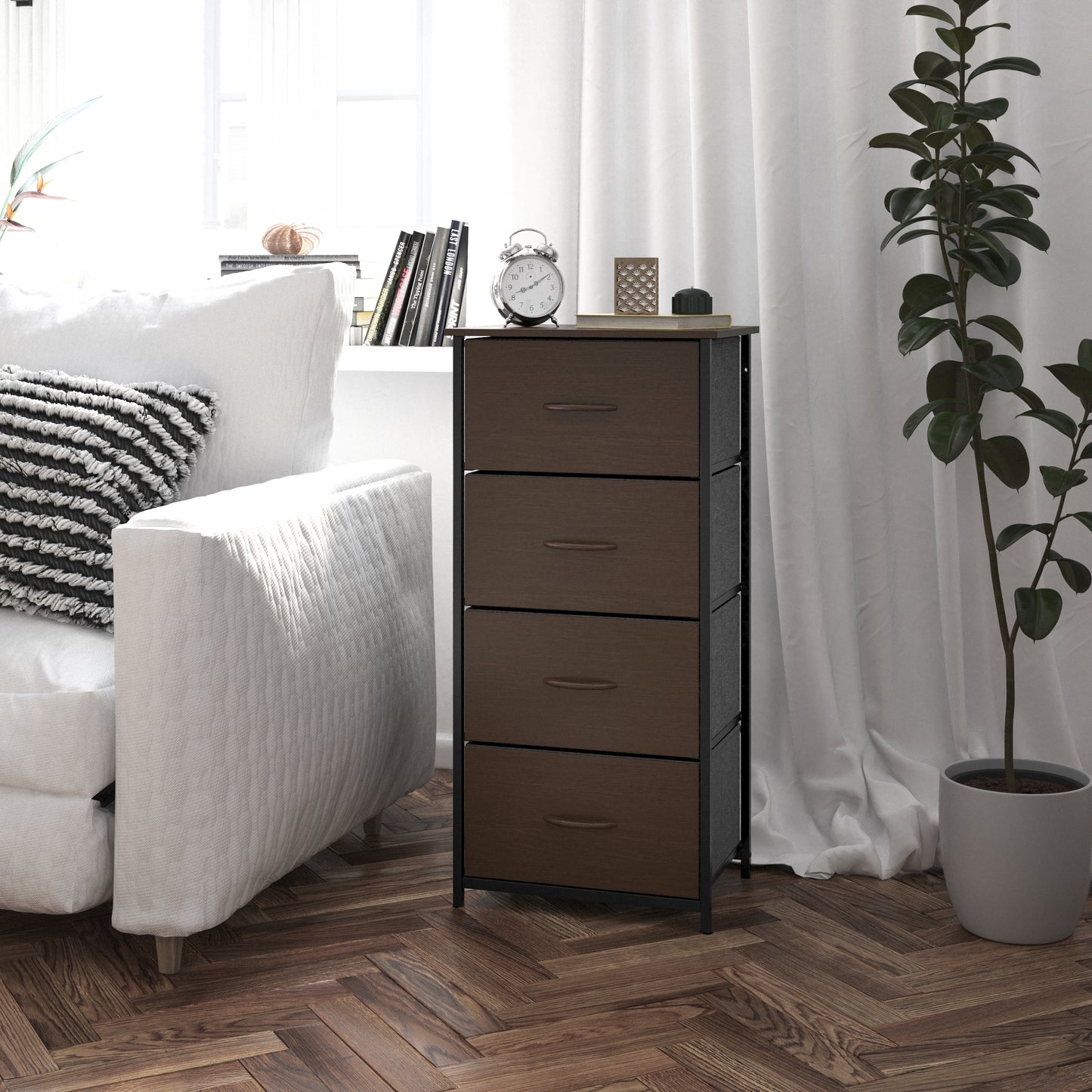 Harris 4 Drawer Storage Dresser with Black Cast Iron Frame, Brown Wood Top and Brown Easy Pull Engineered Wood Drawers with Wooden Handles Brown Drawers/Black Frame