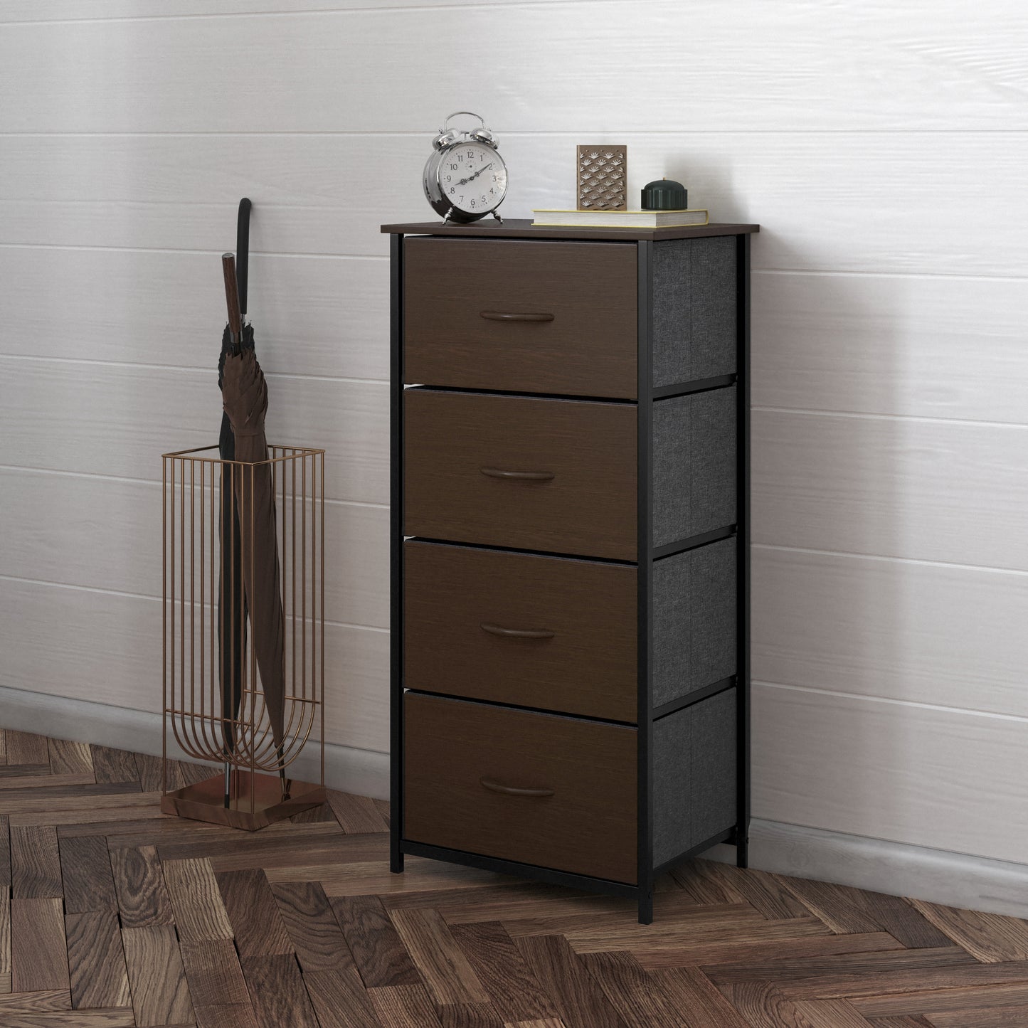 Harris 4 Drawer Storage Dresser with Black Cast Iron Frame, Brown Wood Top and Brown Easy Pull Engineered Wood Drawers with Wooden Handles Brown Drawers/Black Frame