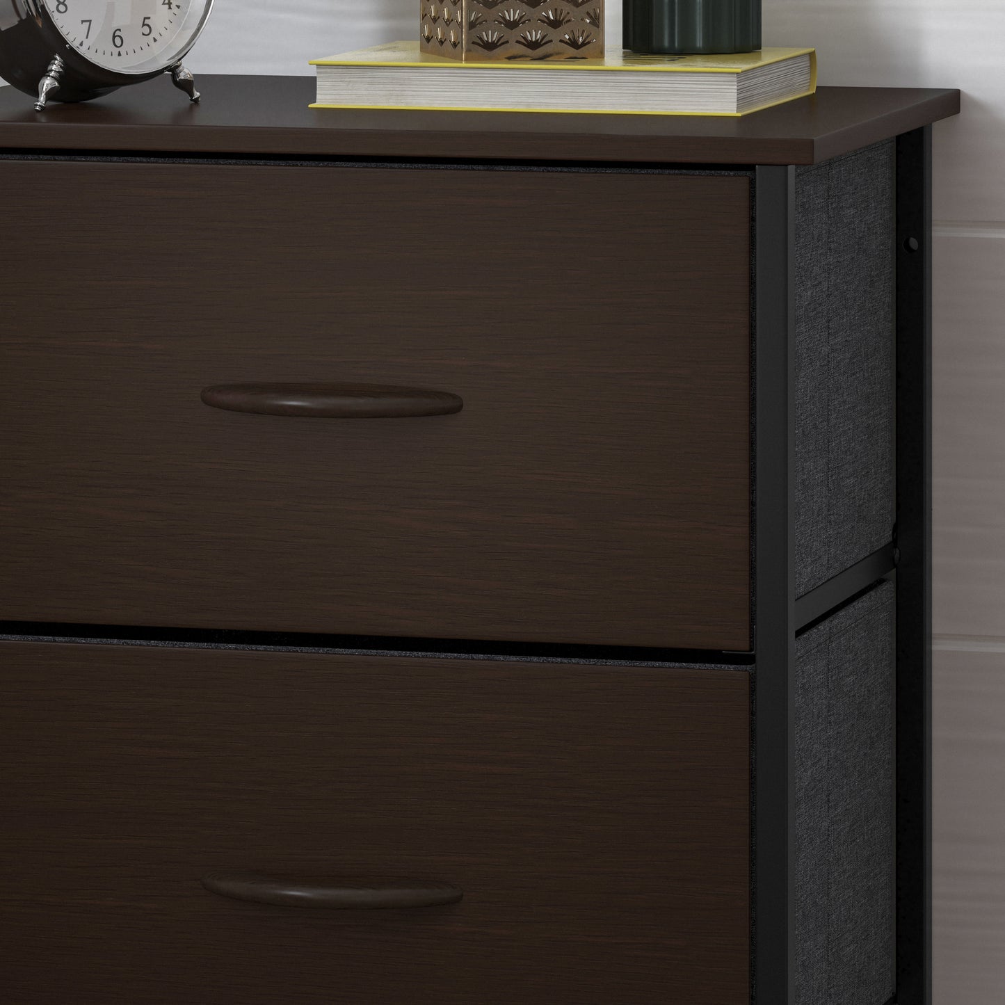 Harris 4 Drawer Storage Dresser with Black Cast Iron Frame, Brown Wood Top and Brown Easy Pull Engineered Wood Drawers with Wooden Handles Brown Drawers/Black Frame