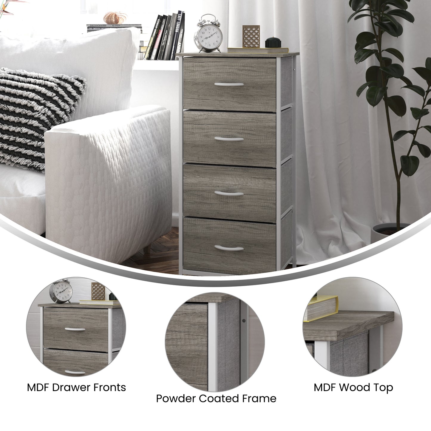 Harris 4 Drawer Storage Dresser with White Cast Iron Frame, Light Natural Wood Top and Easy Pull Engineered Wood Drawers, and White Wooden Handles Light Natural Drawers/White Frame