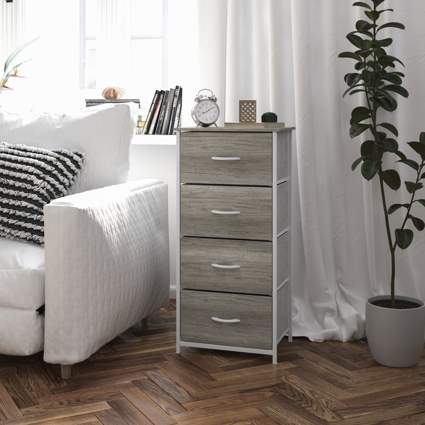 Harris 4 Drawer Storage Dresser with White Cast Iron Frame, Light Natural Wood Top and Easy Pull Engineered Wood Drawers, and White Wooden Handles Light Natural Drawers/White Frame