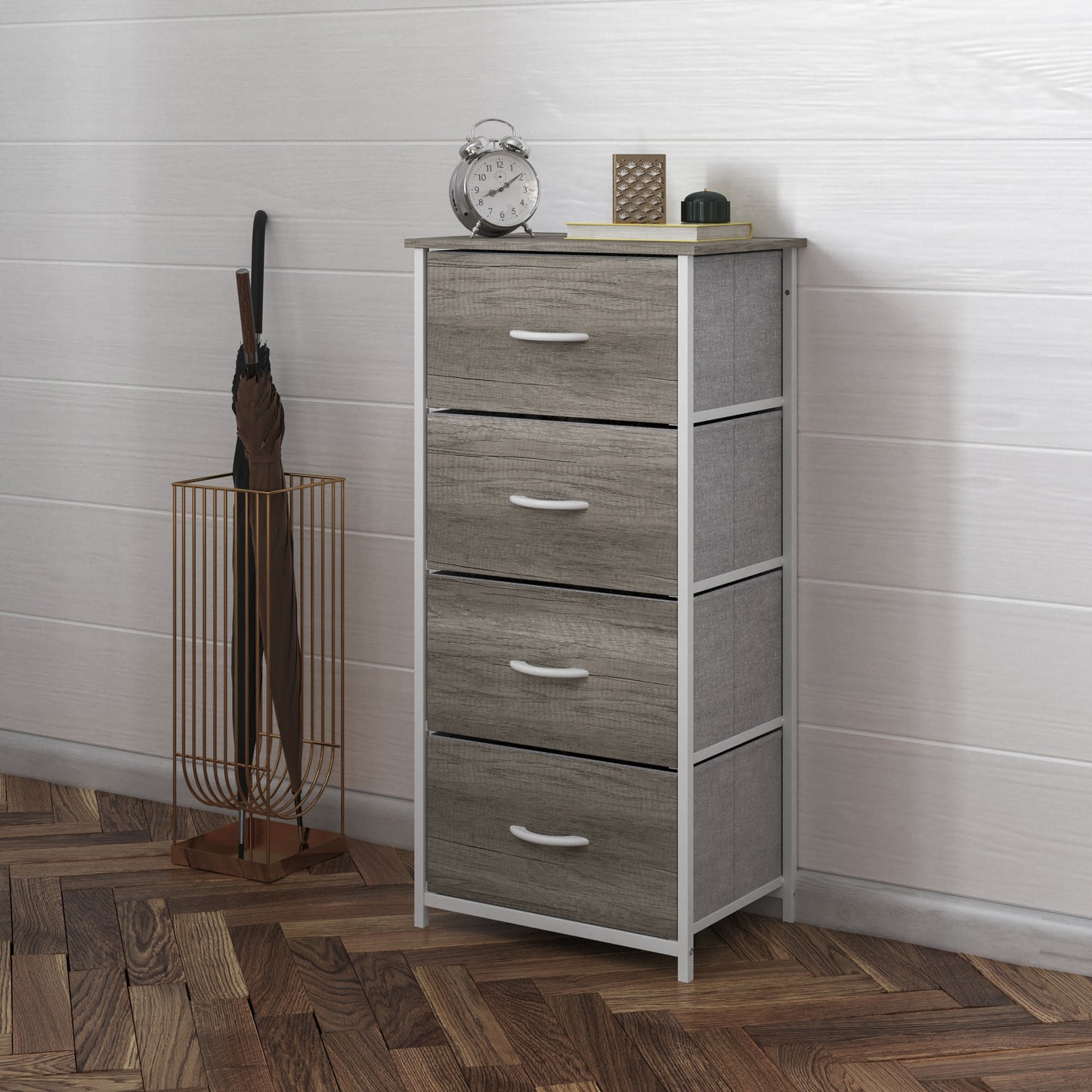 Harris 4 Drawer Storage Dresser with White Cast Iron Frame, Light Natural Wood Top and Easy Pull Engineered Wood Drawers, and White Wooden Handles Light Natural Drawers/White Frame