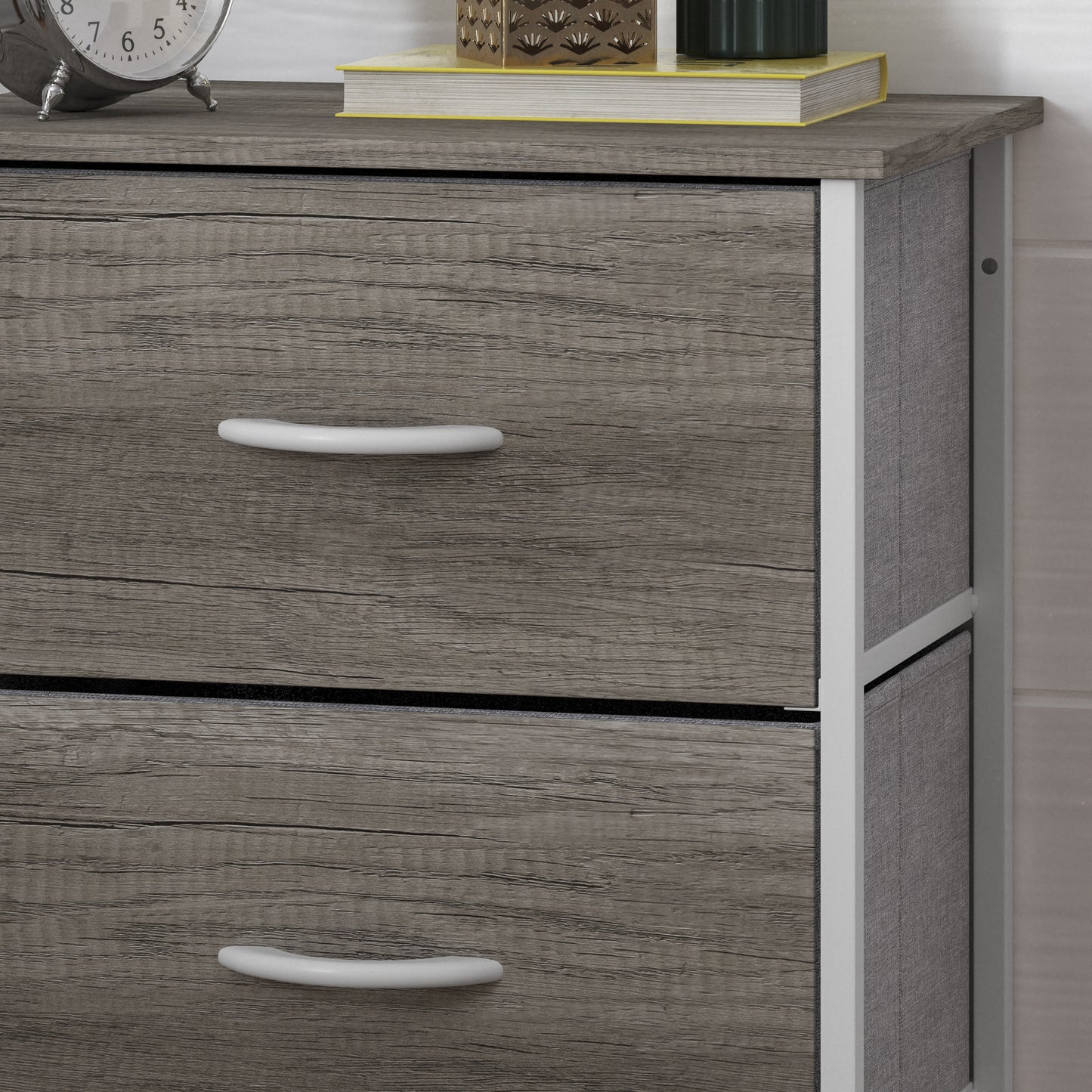 Harris 4 Drawer Storage Dresser with White Cast Iron Frame, Light Natural Wood Top and Easy Pull Engineered Wood Drawers, and White Wooden Handles Light Natural Drawers/White Frame