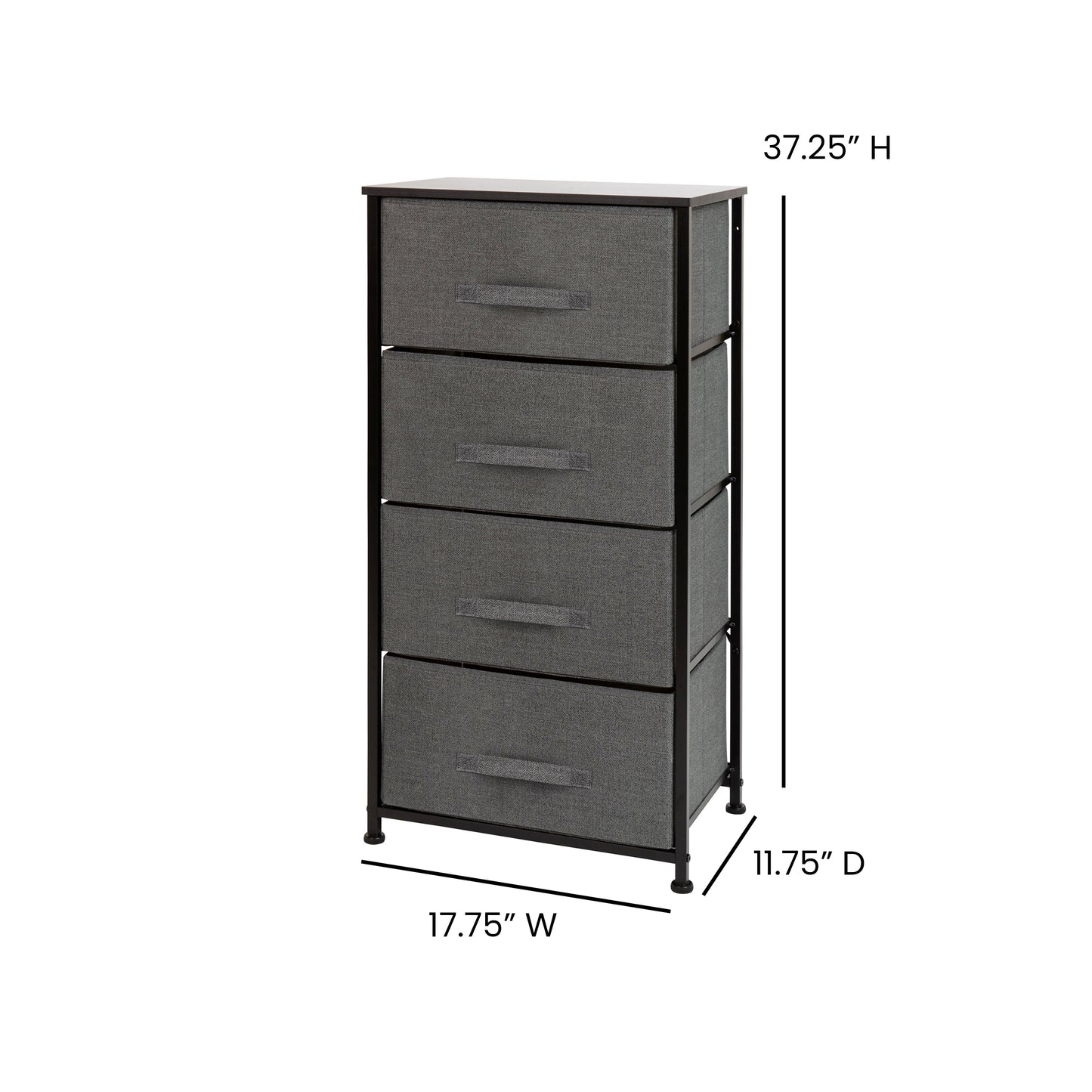 Harris 4 Drawer Wood Top Black Cast Iron Frame Vertical Storage Dresser with Dark Gray Easy Pull Fabric Drawers Gray Drawers/Black Frame