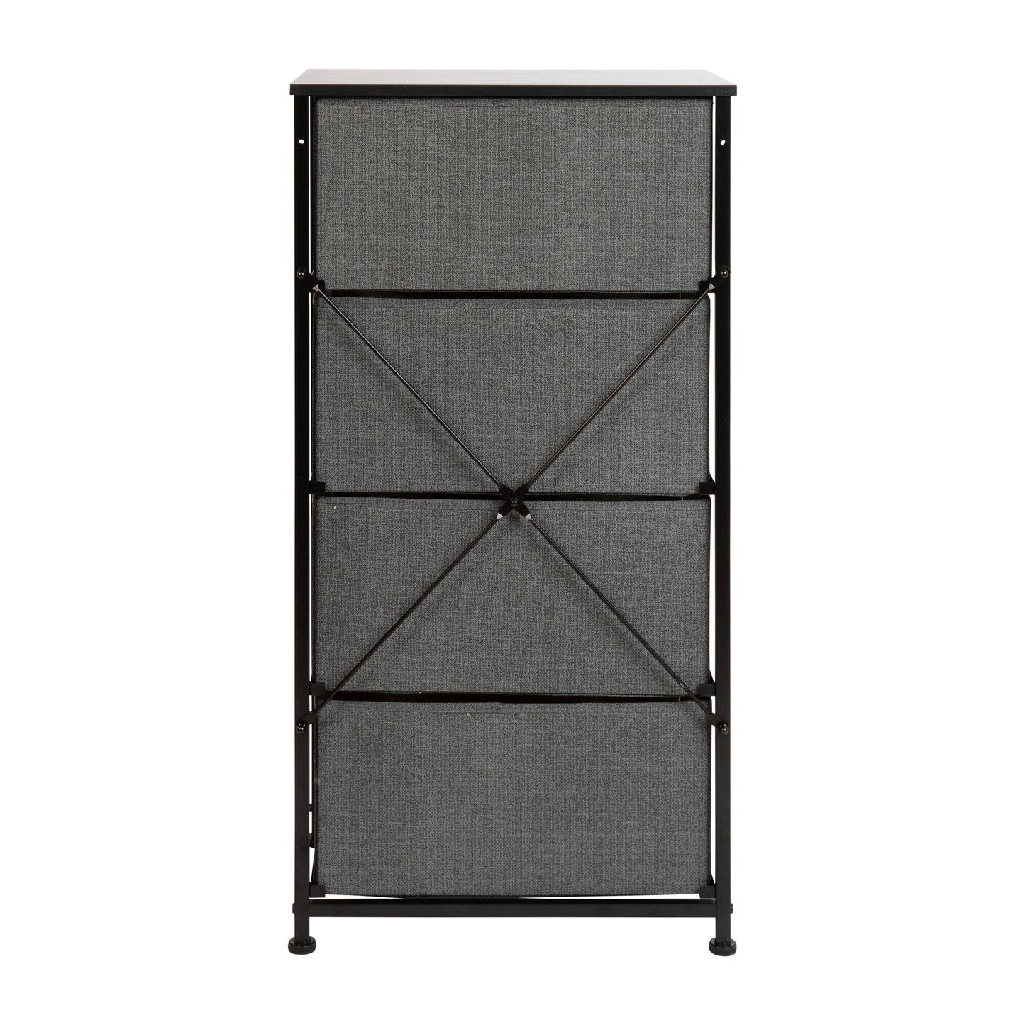 Harris 4 Drawer Wood Top Black Cast Iron Frame Vertical Storage Dresser with Dark Gray Easy Pull Fabric Drawers Gray Drawers/Black Frame