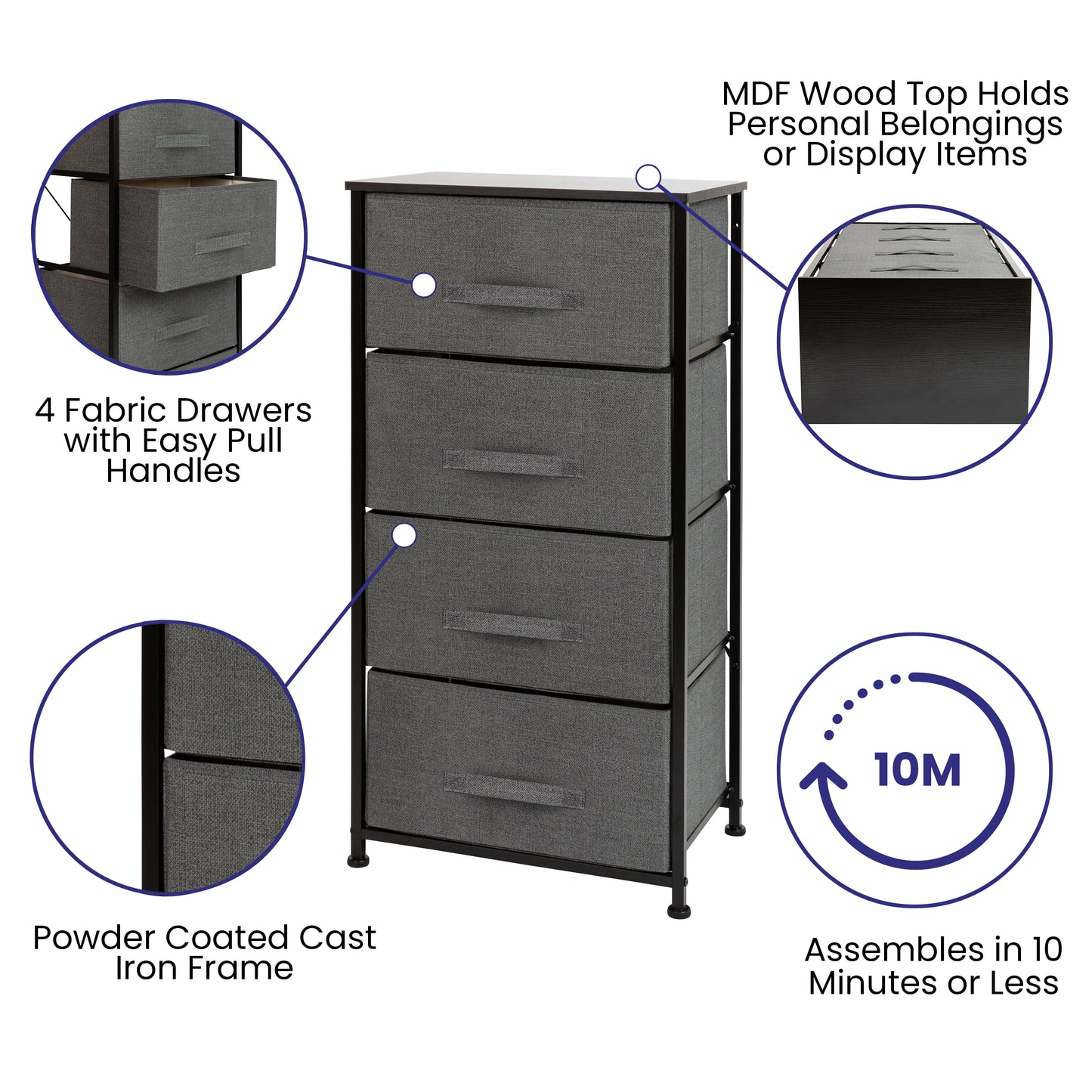 Harris 4 Drawer Wood Top Black Cast Iron Frame Vertical Storage Dresser with Dark Gray Easy Pull Fabric Drawers Gray Drawers/Black Frame