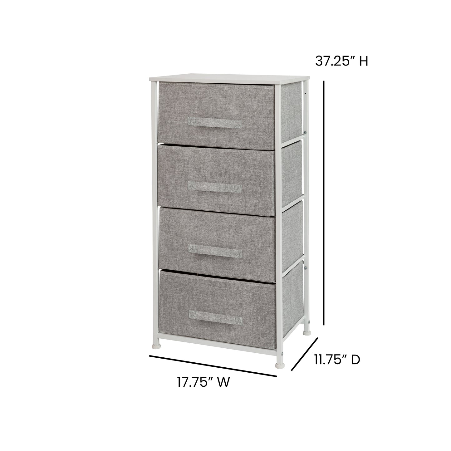 Harris 4 Drawer Wood Top White Cast Iron Frame Vertical Storage Dresser with Light Gray Easy Pull Fabric Drawers Gray Drawers/White Frame
