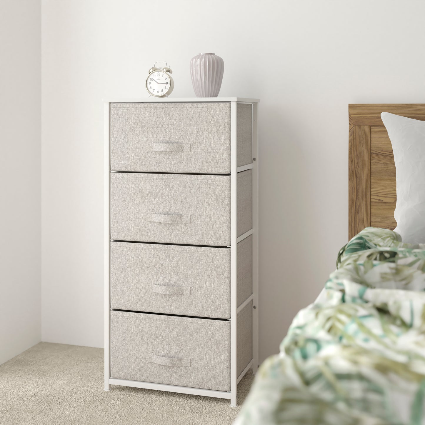 Harris 4 Drawer Wood Top White Cast Iron Frame Vertical Storage Dresser with Light Gray Easy Pull Fabric Drawers Gray Drawers/White Frame