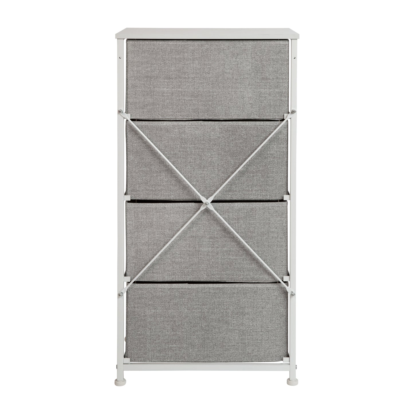Harris 4 Drawer Wood Top White Cast Iron Frame Vertical Storage Dresser with Light Gray Easy Pull Fabric Drawers Gray Drawers/White Frame
